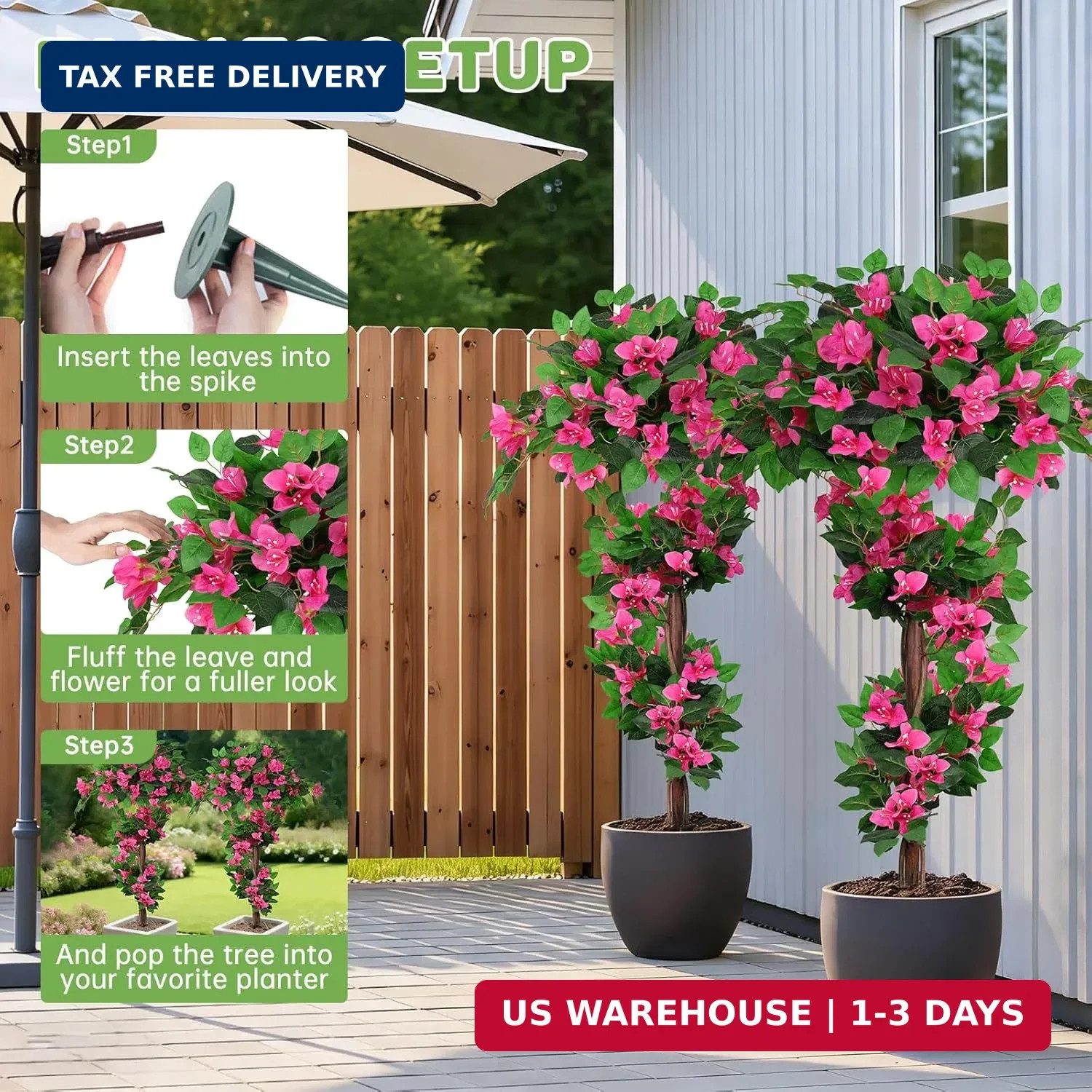 2Pack 4FT Artificial Bougainvillea Topiary Trees for Outdoor, Fake Silk Flowers