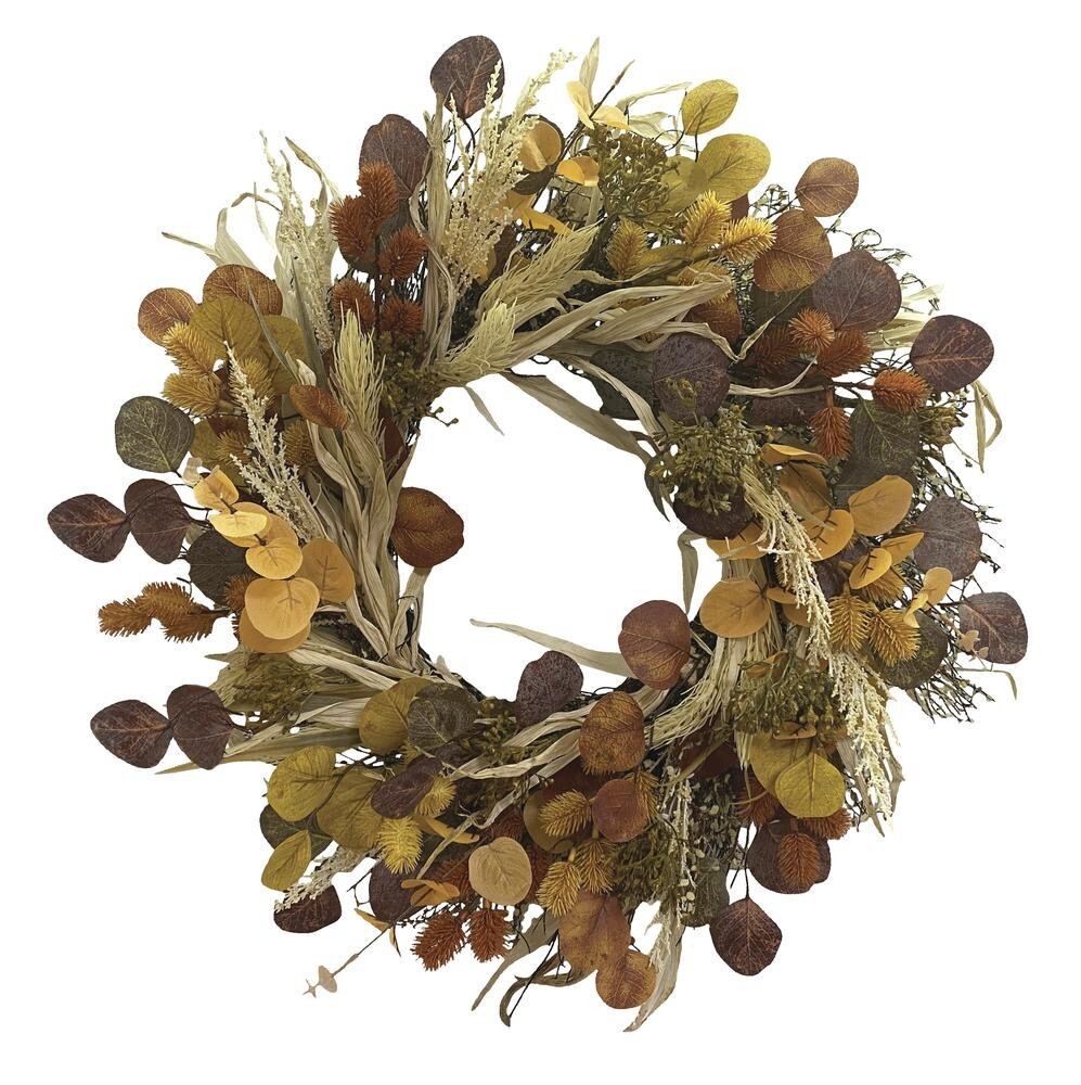24″ Wheat & Autumn Leaves Artificial Harvest Wreath Front Door Holiday Decor