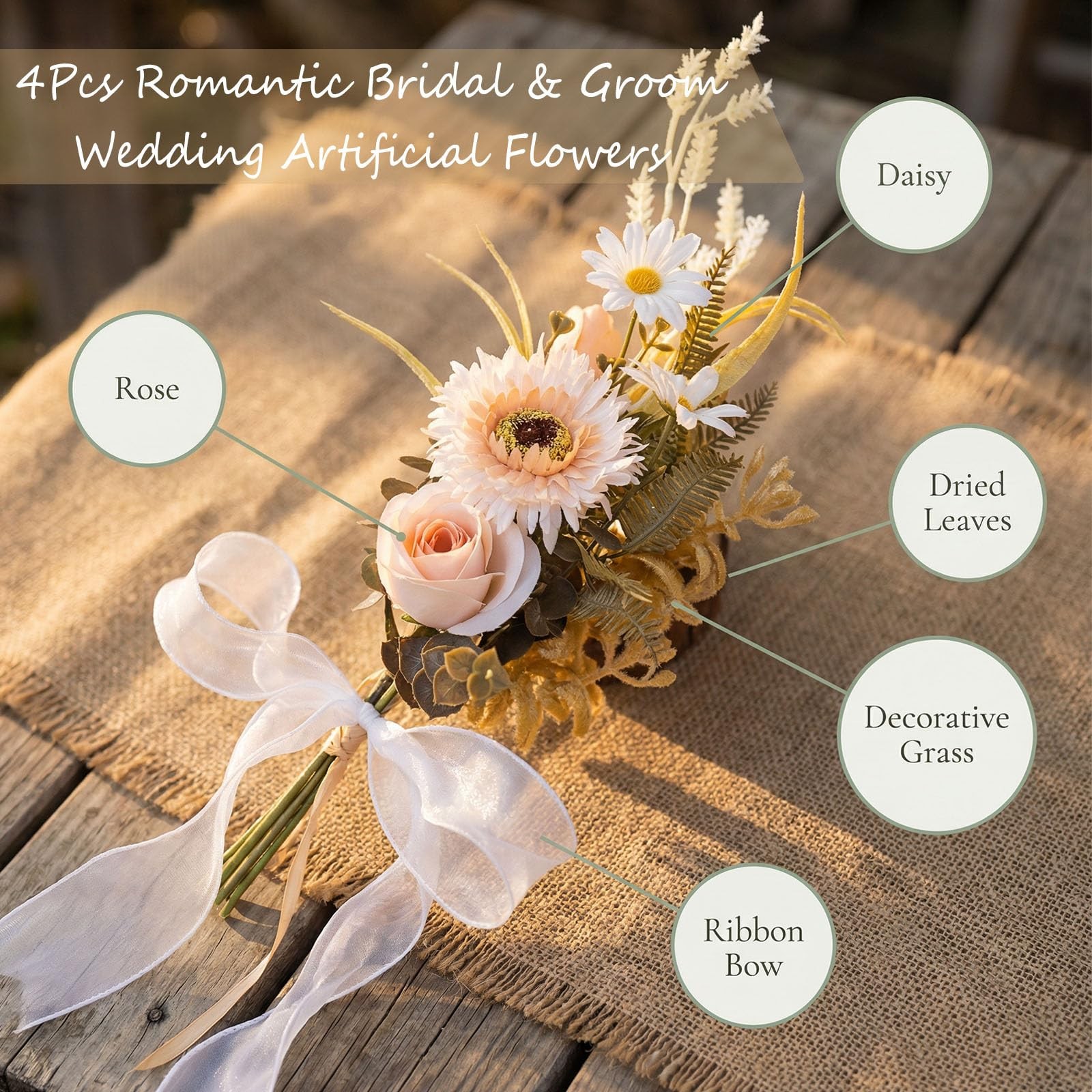 12-inch Champagne Wedding Car Door Handle Decorations – Handmade Daisy & Sunf…