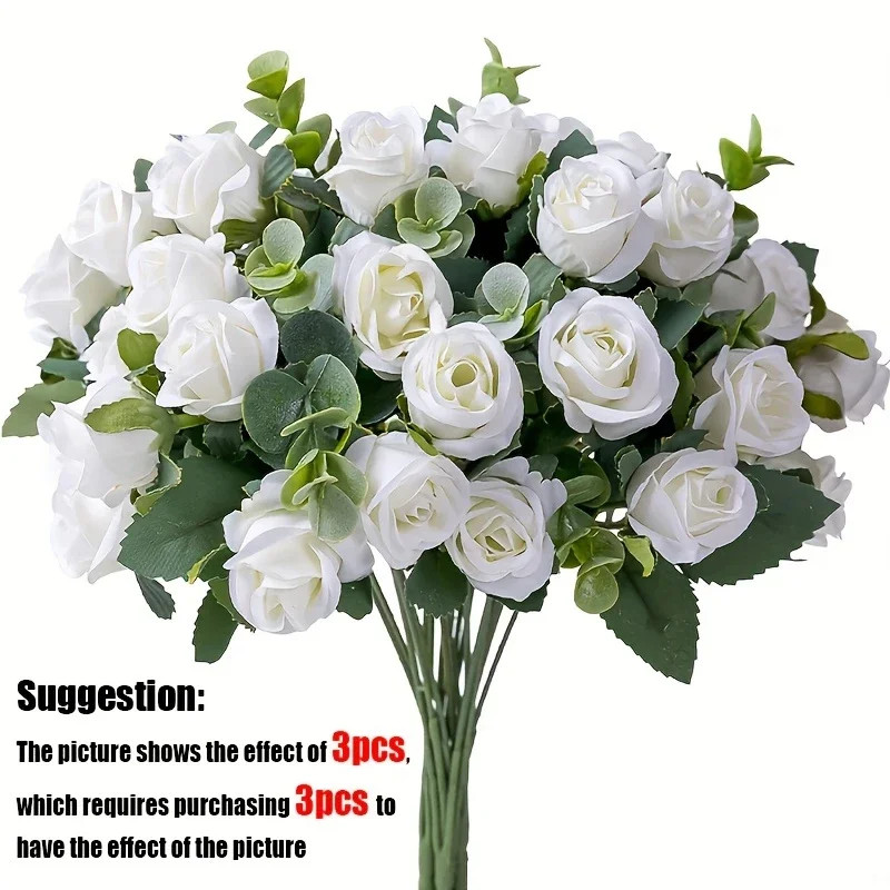 10 Heads Artificial Flower Silk Rose White Eucalyptus Leaves Peony Bouquet Fake