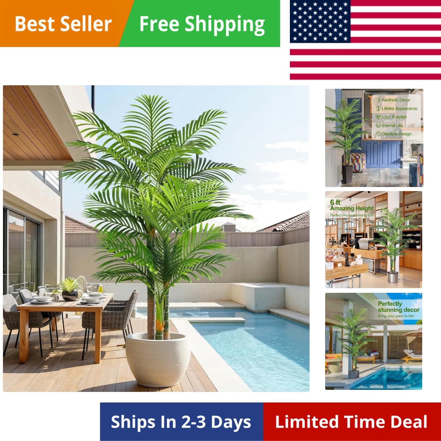 6ft Tall Triple Golden Cane Palm Artificial Tree Large Tropical Palm Tree UV …