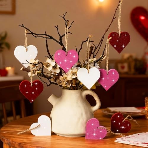24 Pcs Valentine’s Day Heart Ornaments for Tree Wooden Pink Red White Glitter
