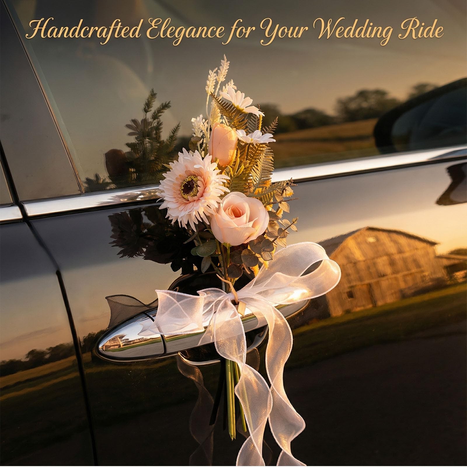 12-inch Champagne Wedding Car Door Handle Decorations – Handmade Daisy & Sunf…