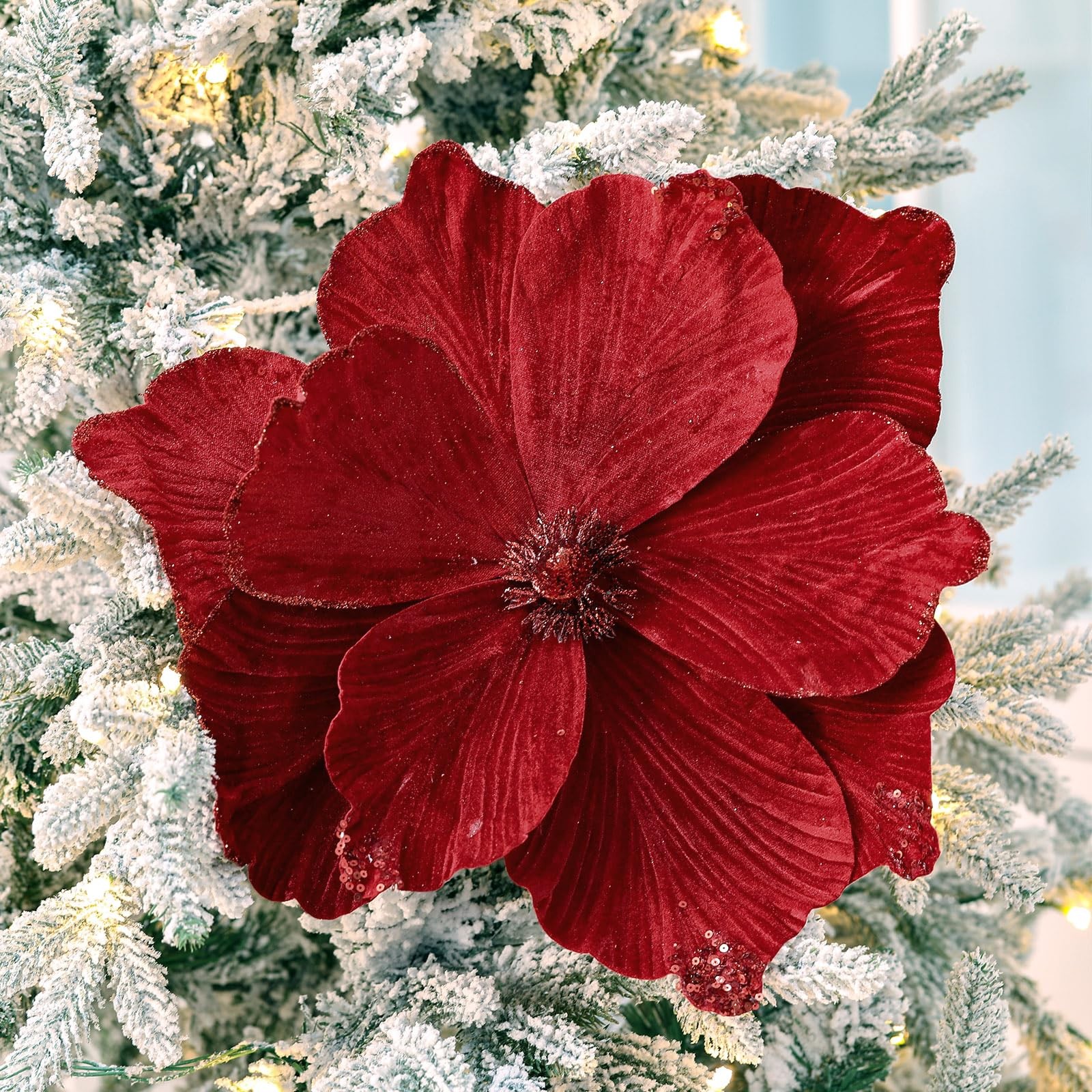 6 PCS Burgundy Large 16 Inch Magnolia Flowers Christmas Tree Decoration