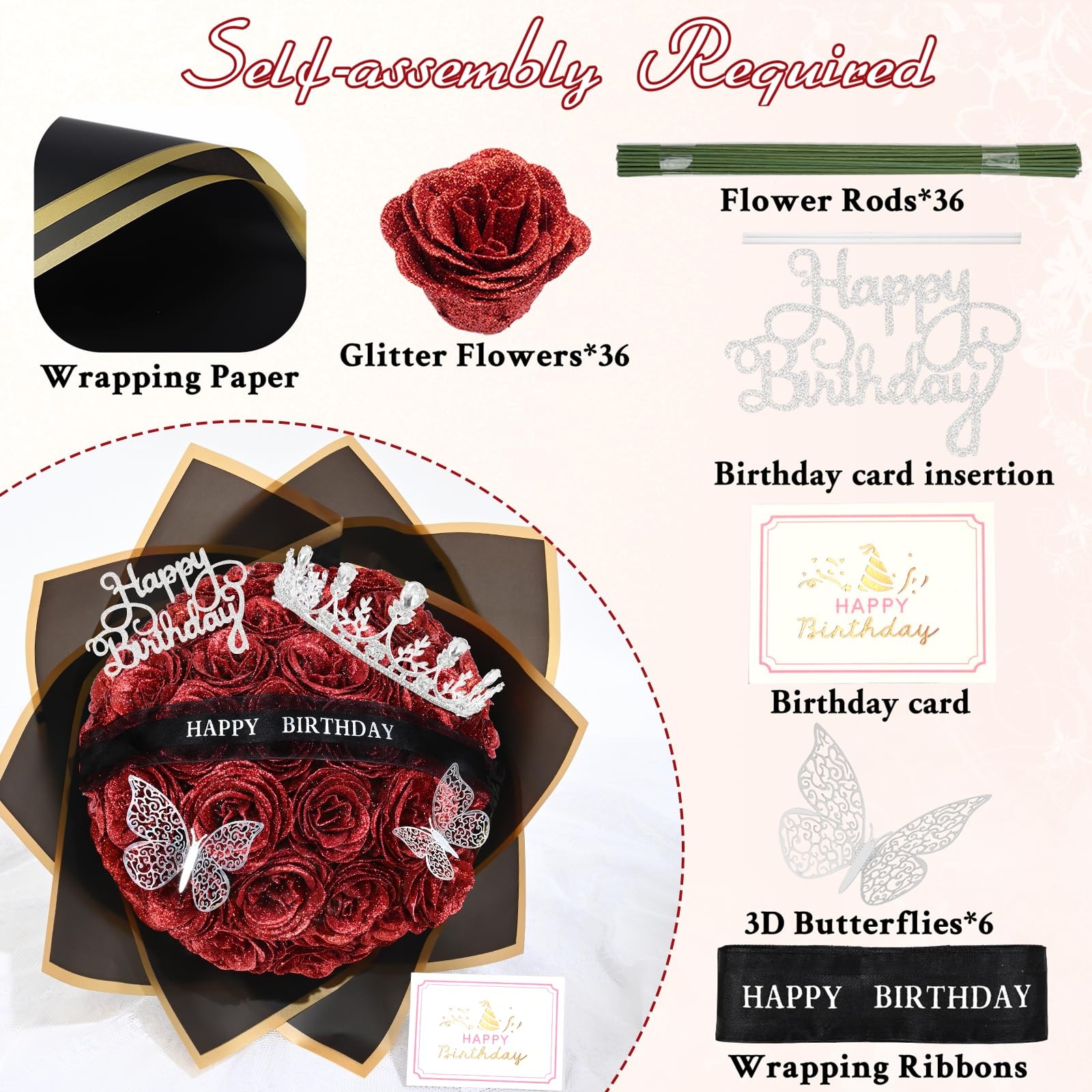 Glitter Roses Bouquet, Birthday Gifts for Women Mom, DIY Fake Flowers Bouquet…