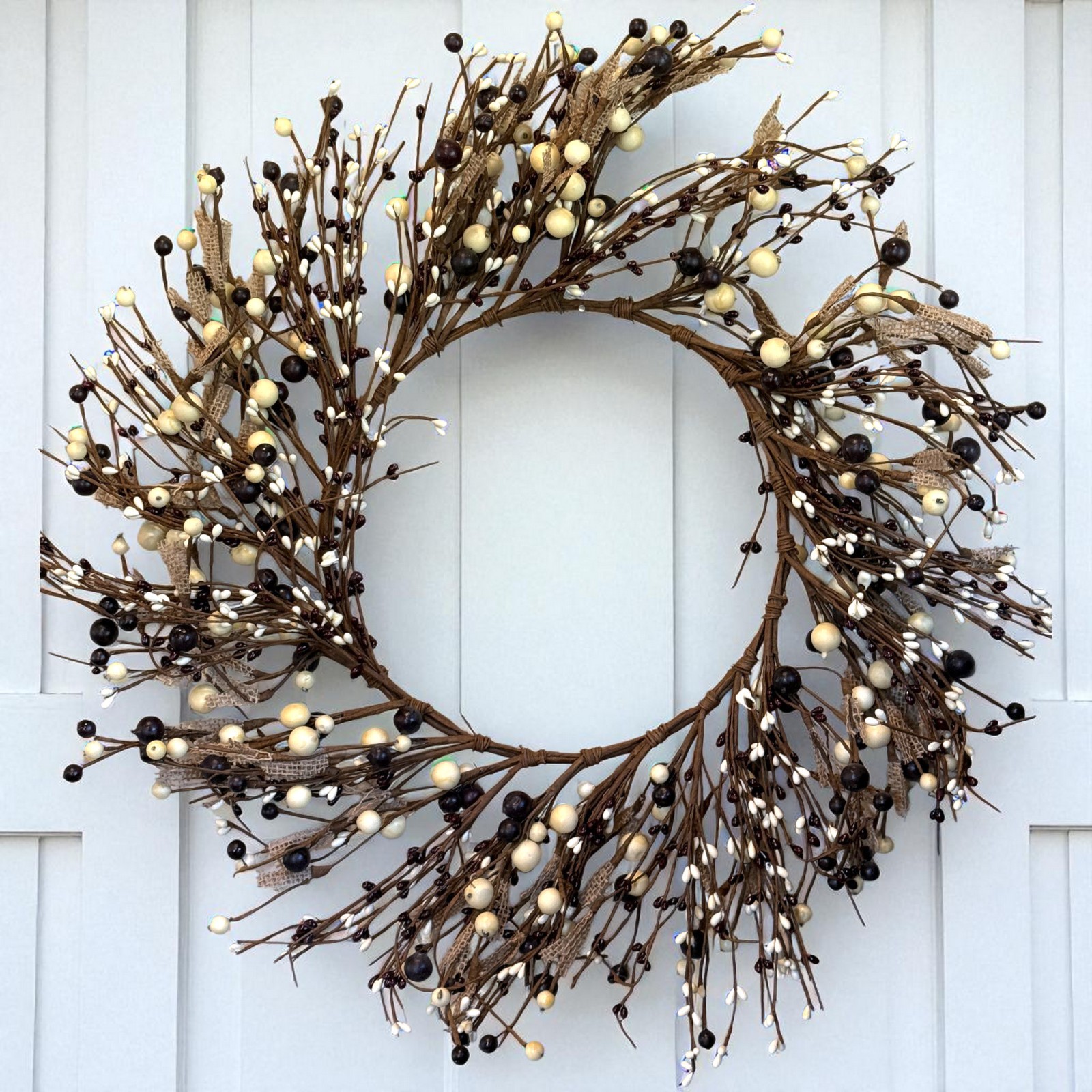 Primitive Rustic 24″ Burgundy Red and Cream Pip Rice Berry and Burlap Wreath