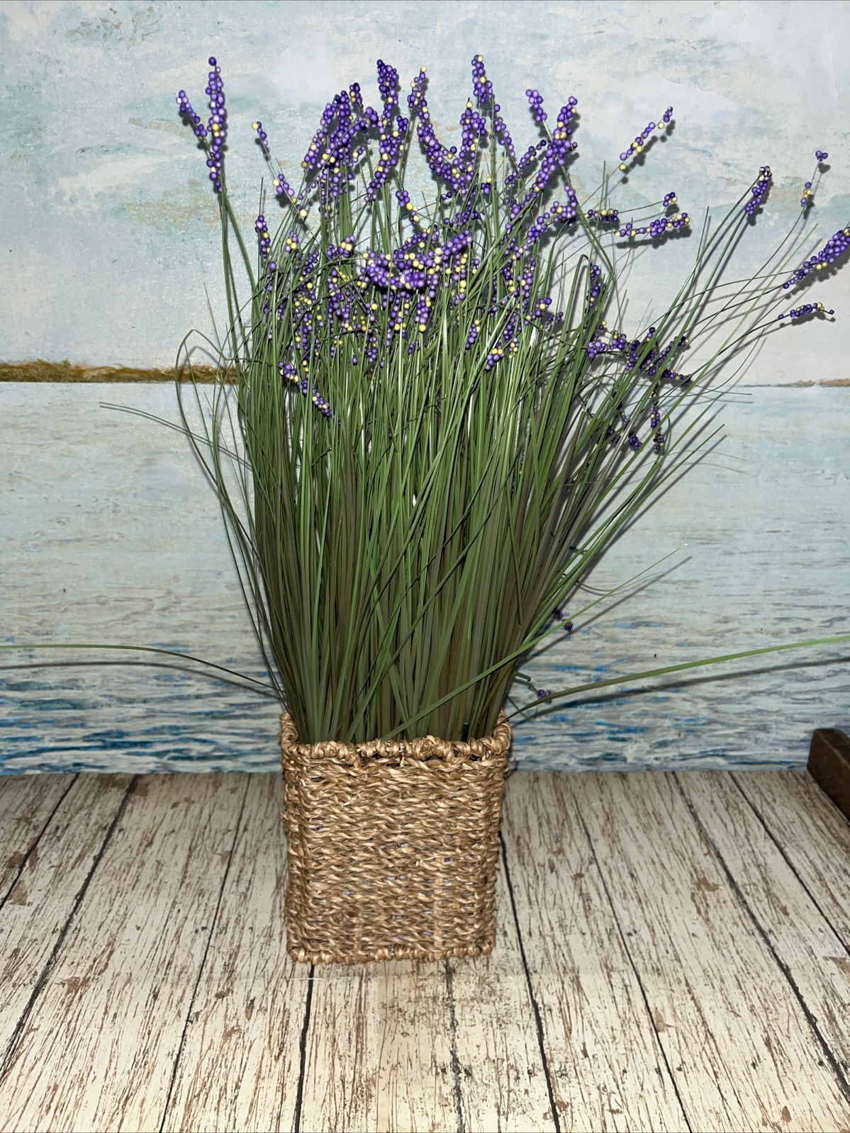 Artificial Lavender Flowers in Woven Sea Grass Basket 4”x16”