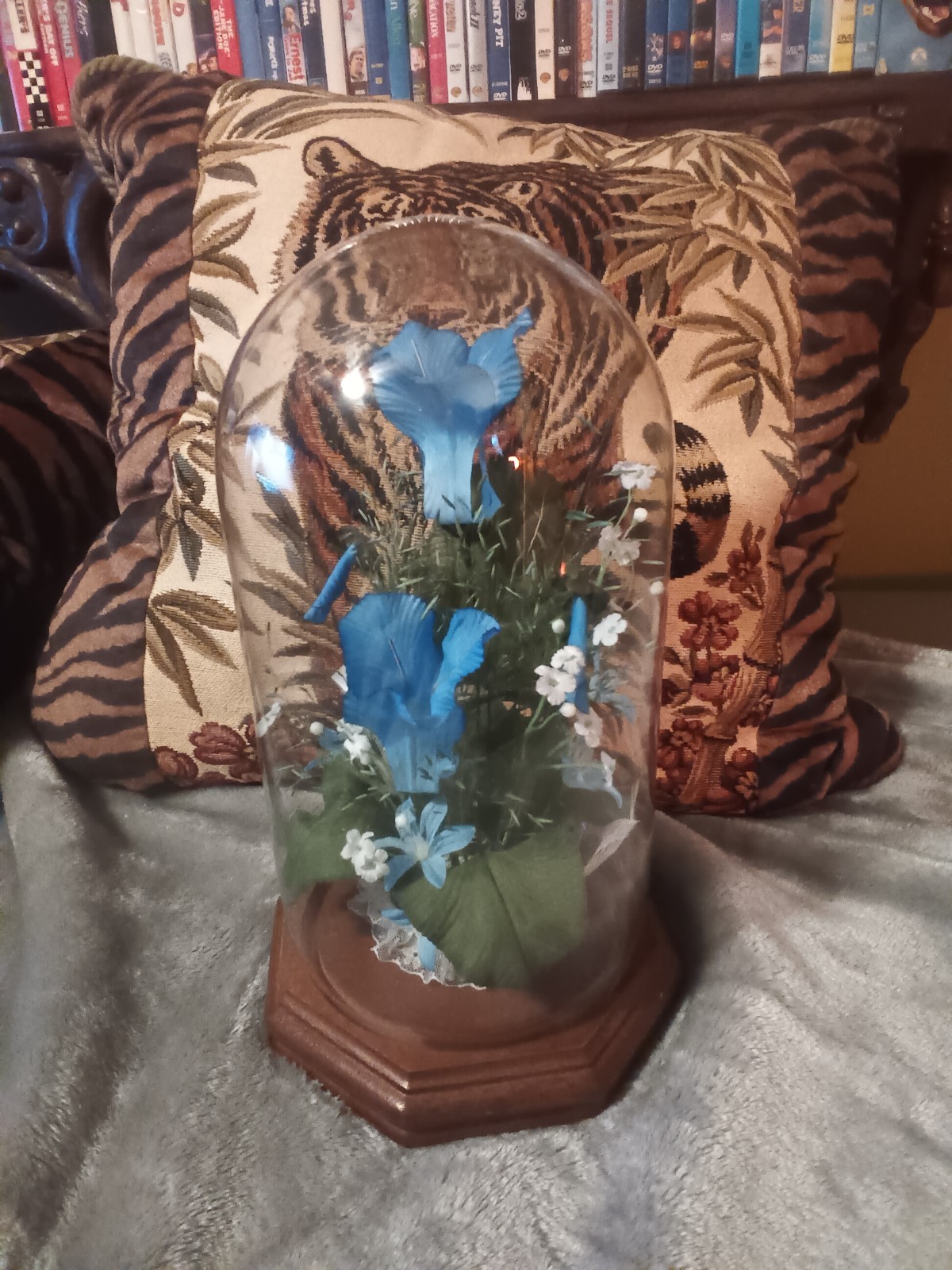 Glass dome blue,green and white artificial flower arrangement,wood base.