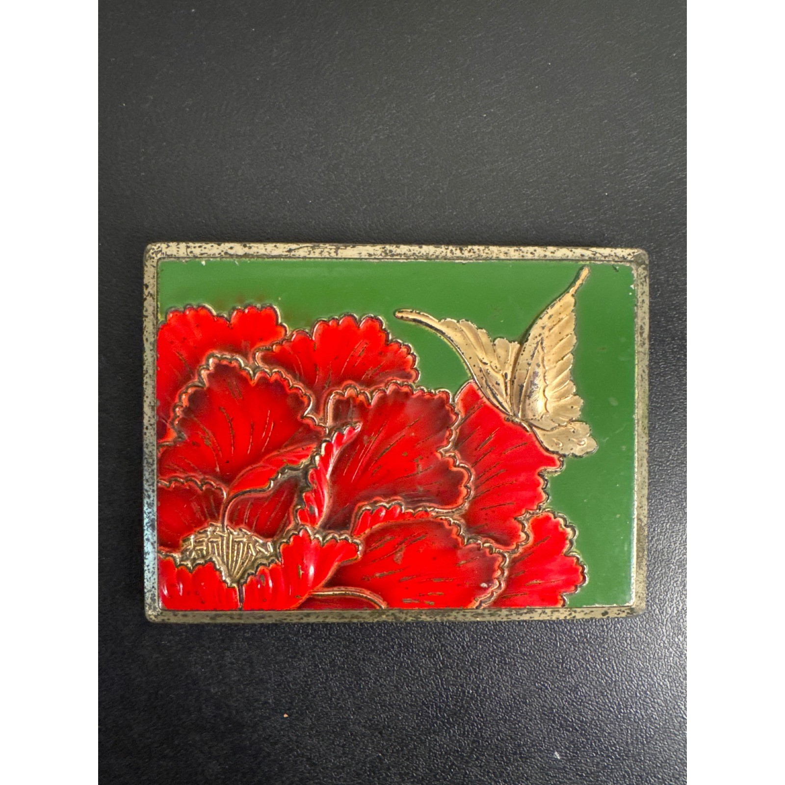 Vintage Peony Flower Butterfly Enamel Red Green Gold Tone Home Decor