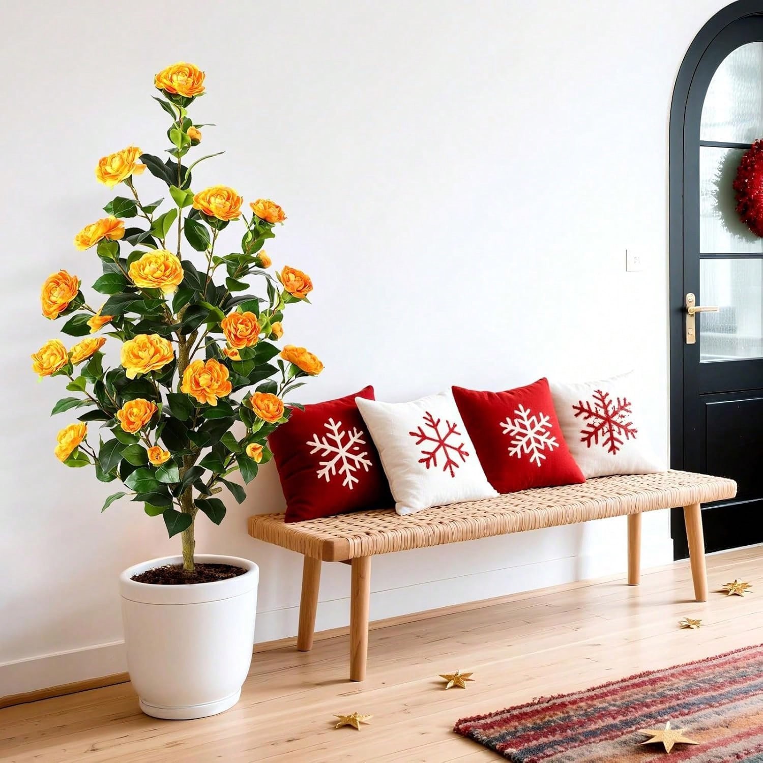 2 Pack Artificial Camellia Trees 3FT/4FT Orange Flowers with Pots