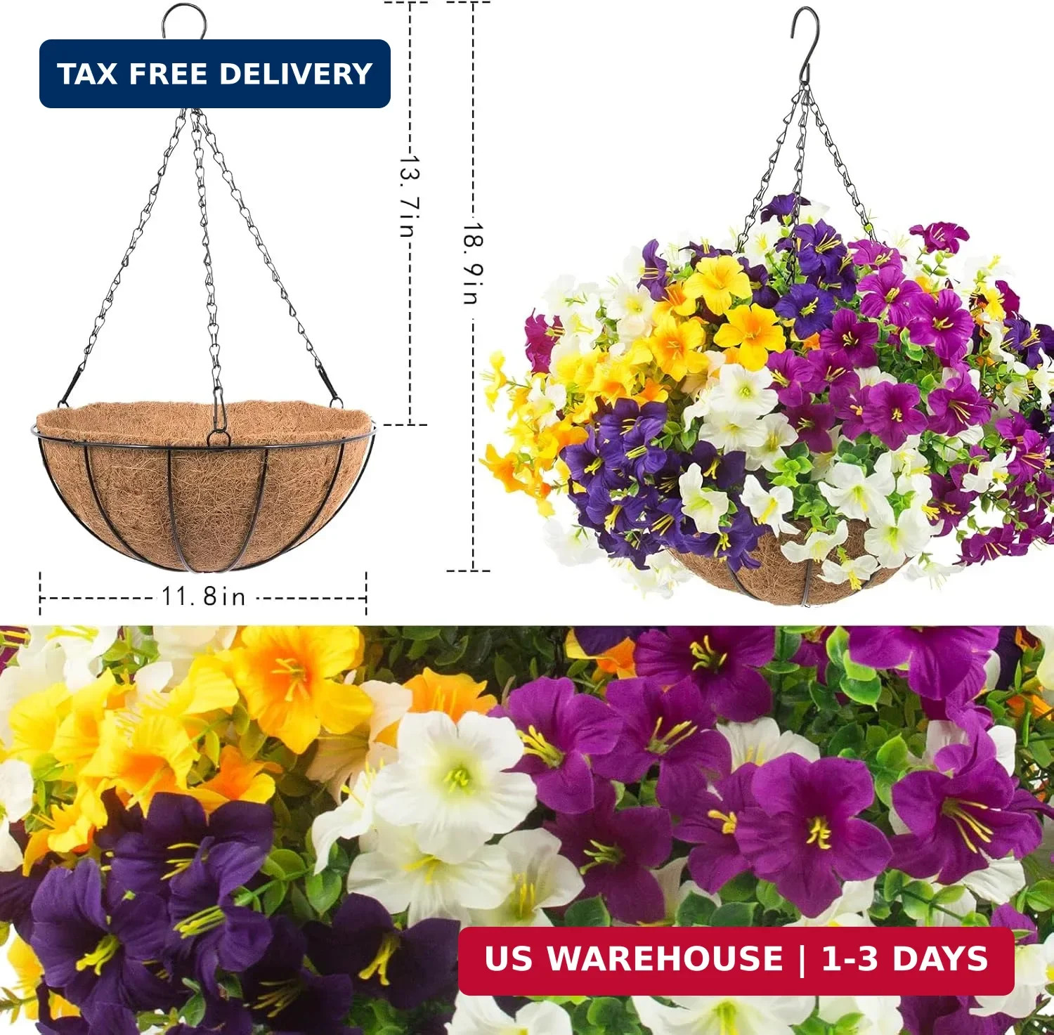 2 Set Artificial Outdoor Flowers with Hanging Baskets,24 Pcs UV Resistant Faux P
