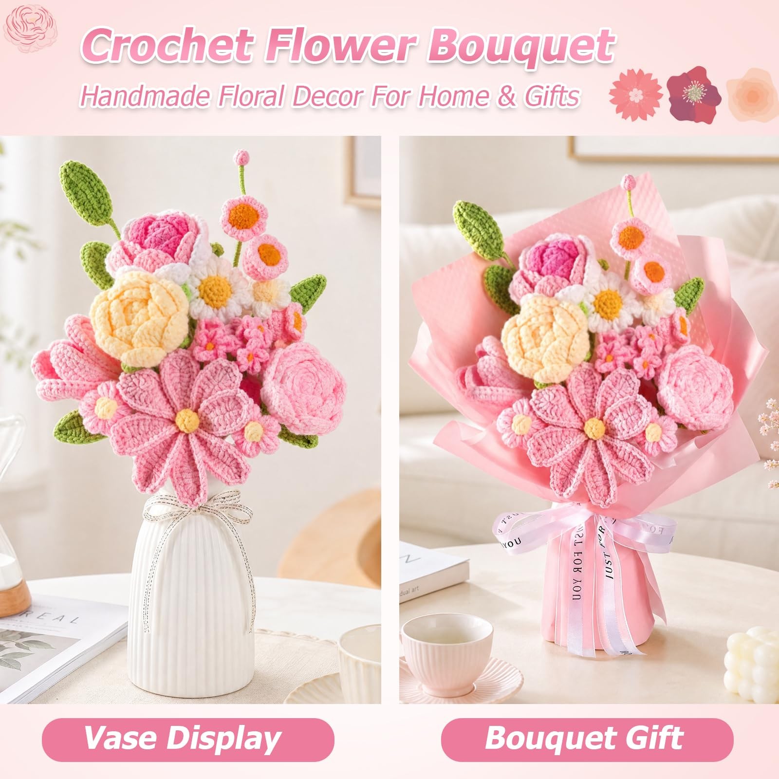 Crochet Flower Bouquet Pink, Handmade Knitted Floral, Crochet Tulips Galsang …
