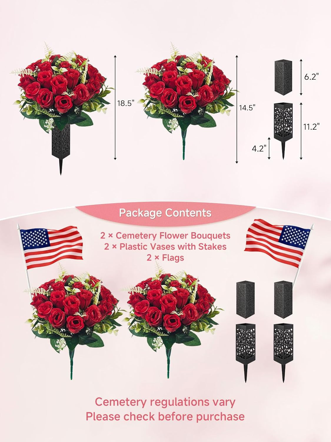 2 Pack Cemetery Flowers for Grave with Spiked Vases, 18-Stem Red Artificial Rose