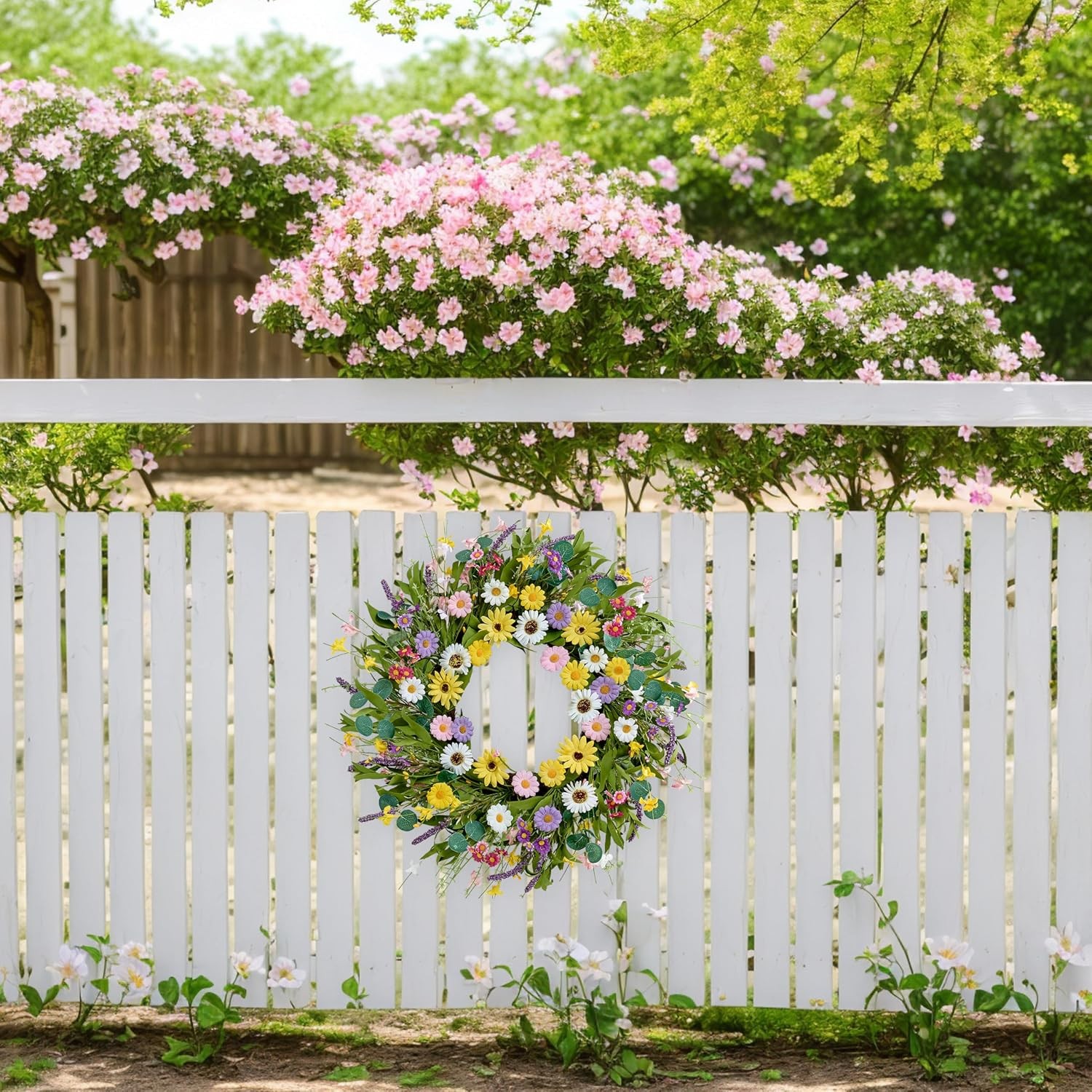 Multicolor Artificial Spring Summer Wreath 22 Inch Yellow Daisy Flowers Greenery