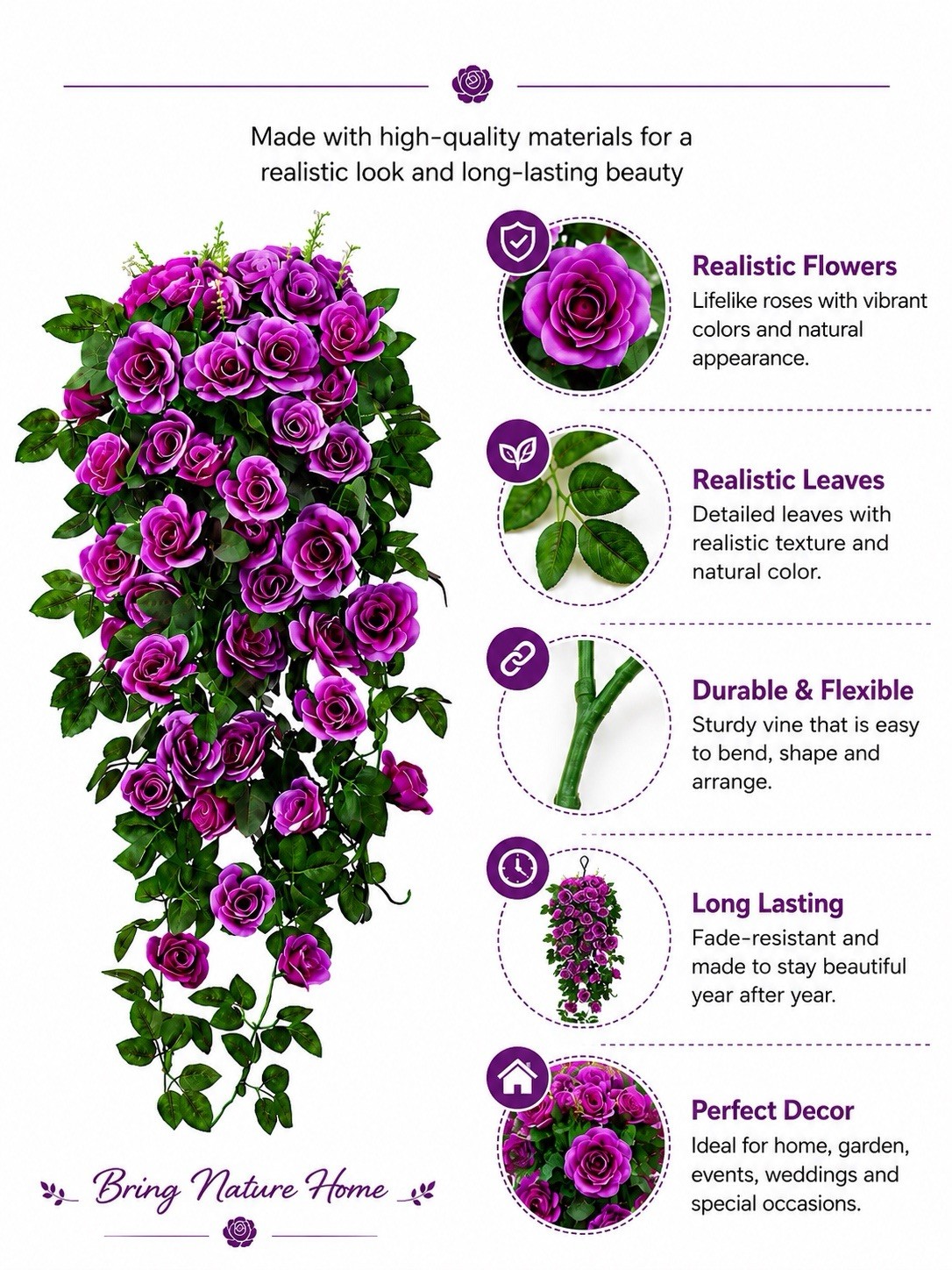 90cm Artificial Purple Rose Hanging Vine Silk Flower Garland Wedding Home Decor