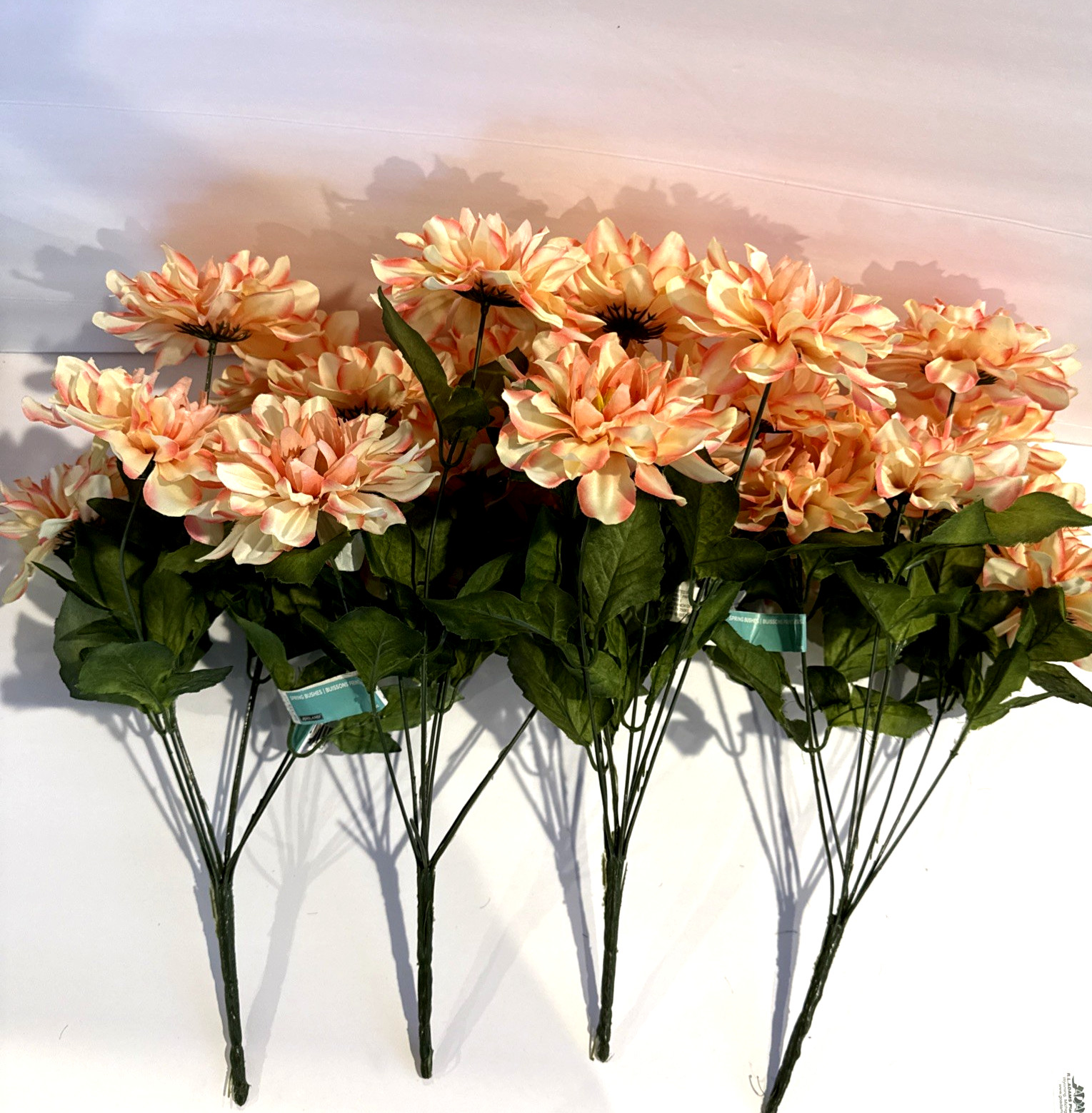 4 Ashland Spring Bushes Dahlia Bunches Cream Pink/Peach Artificial Flowers 18”
