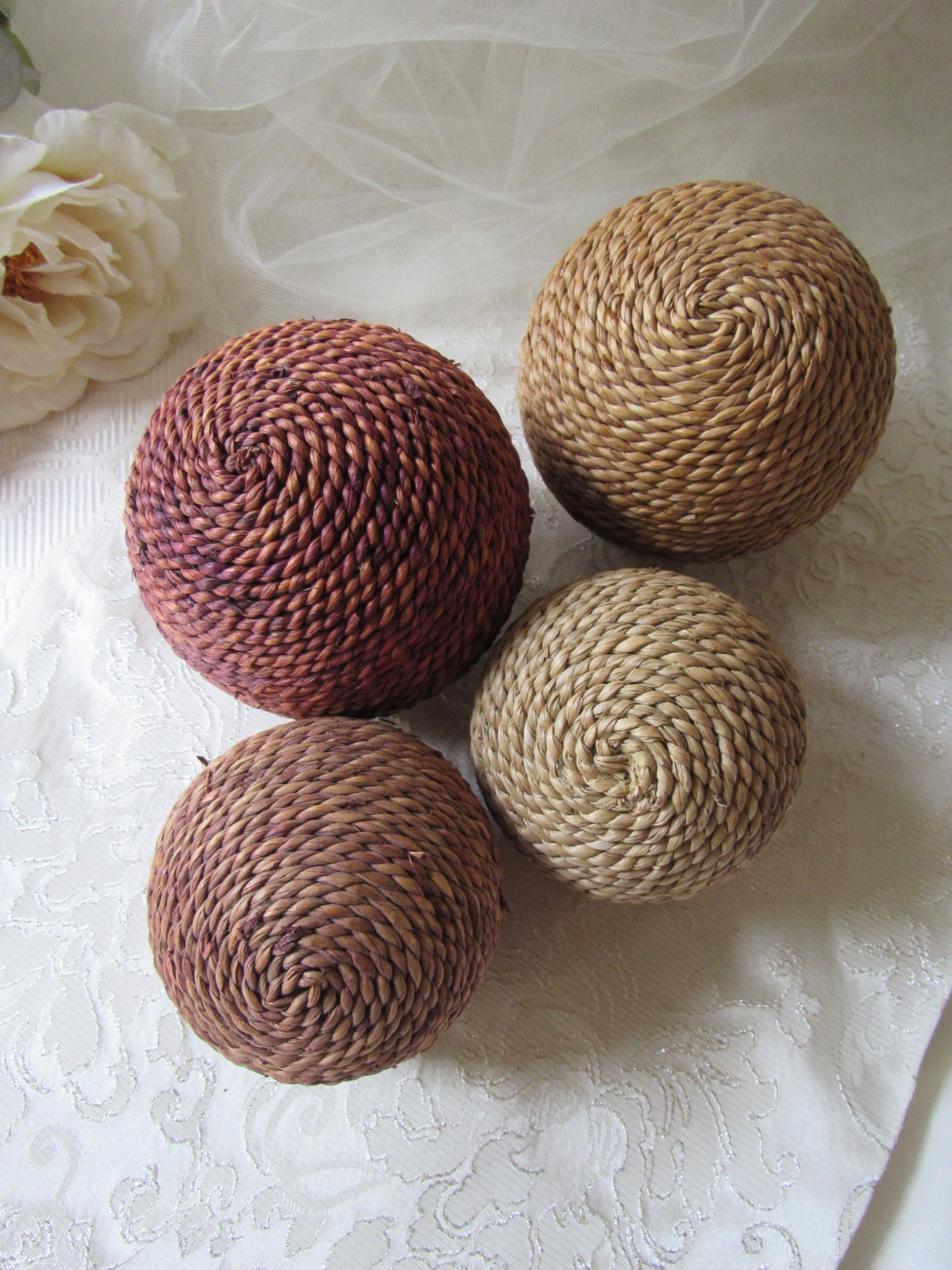 Jute Decor,set of 4,Mix Matched Floral Decor,4″ & 3″,Boho,tuscan,moroccan,sisal