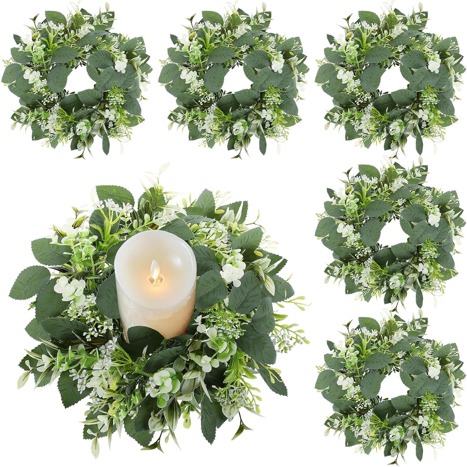 6 Pcs Artificial Eucalyptus Candle Rings Wreaths | 9 Inch Small Eucalyptus Wreat