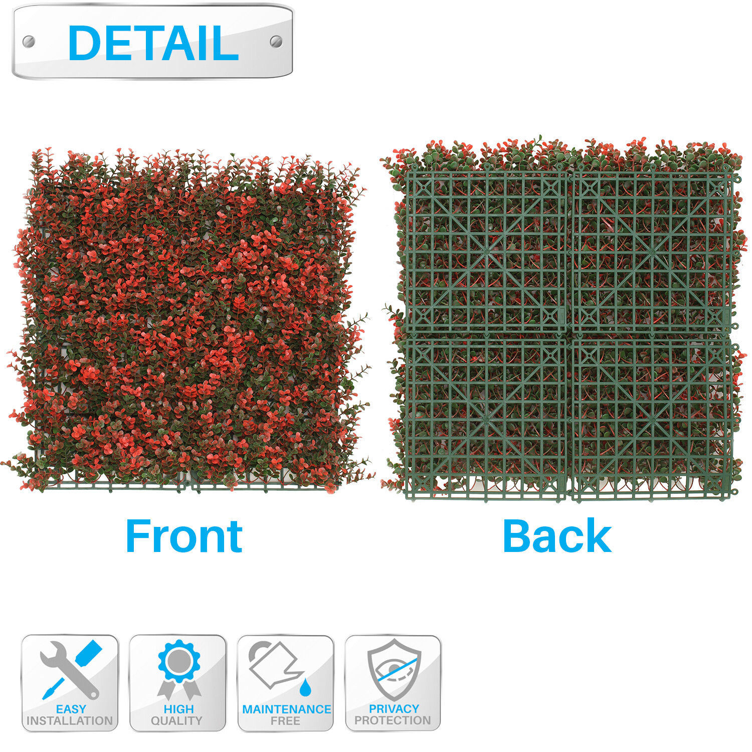20″x20″ Artificial Grass Wall Hedge Decor Privacy Fence Panel, Red Buxus