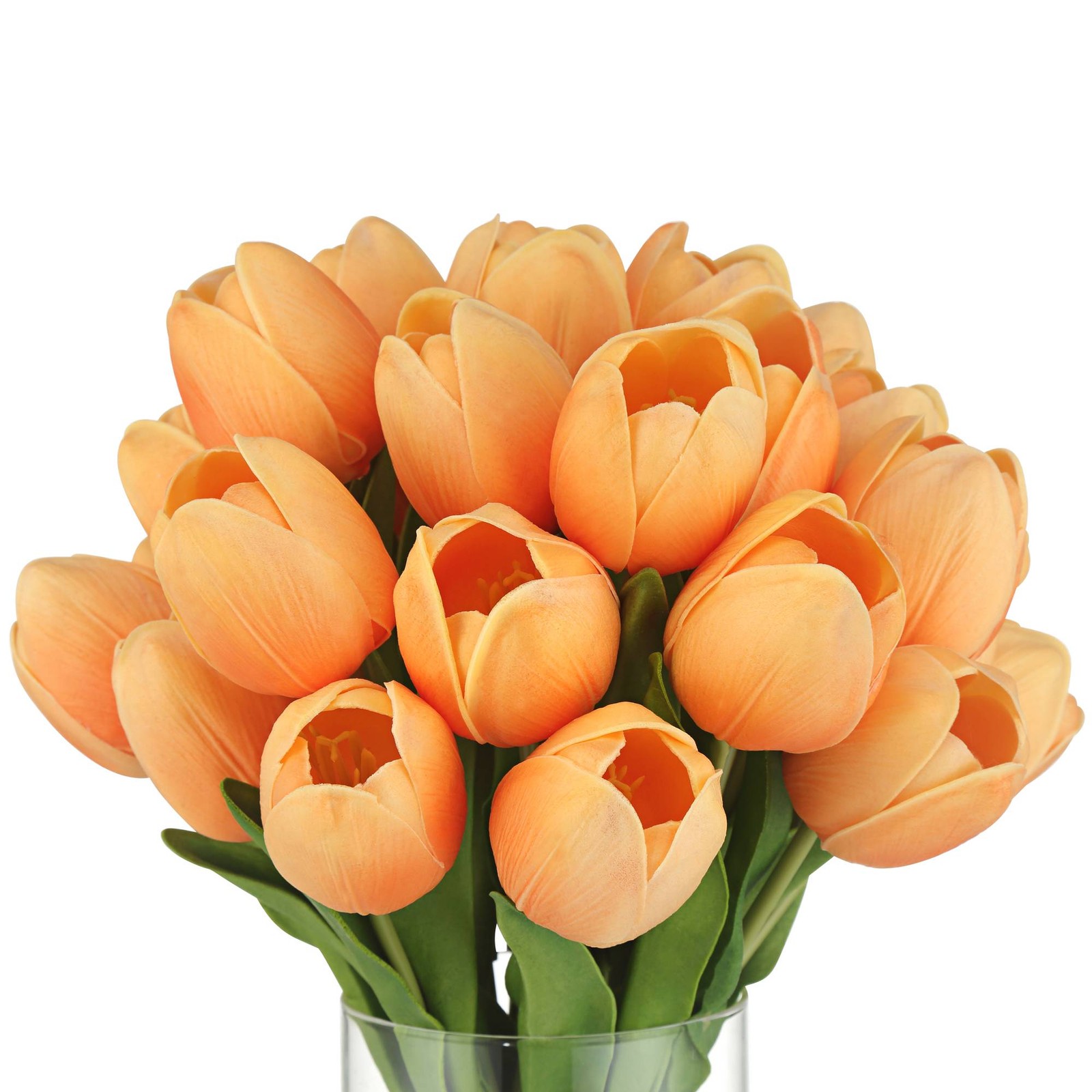Emmie Orange Tulips 12″ High Faux Flower in Clear Glass Vase
