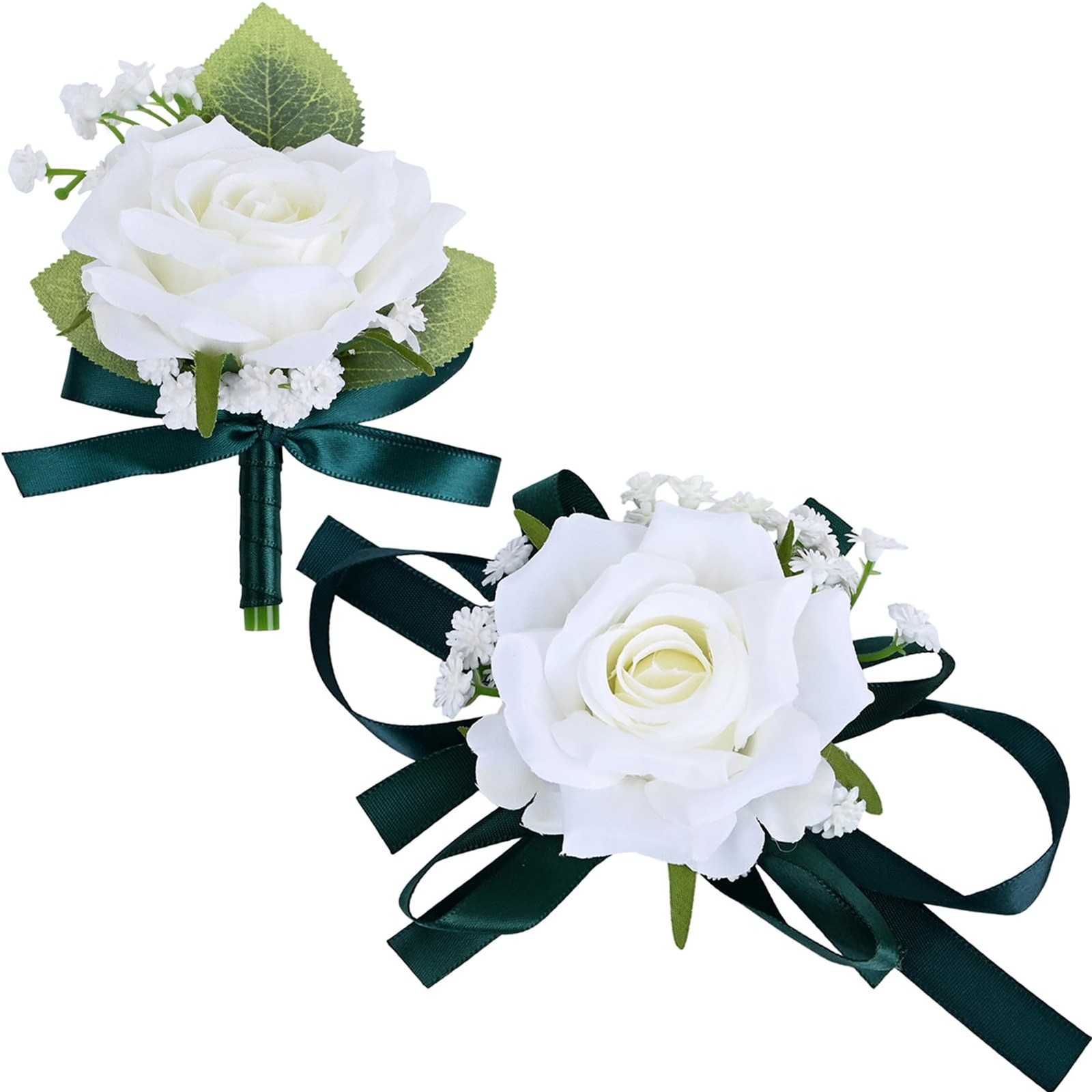 2 PCS White+Dark Green Artificial Wrist Corsage Boutonniere Set Prom