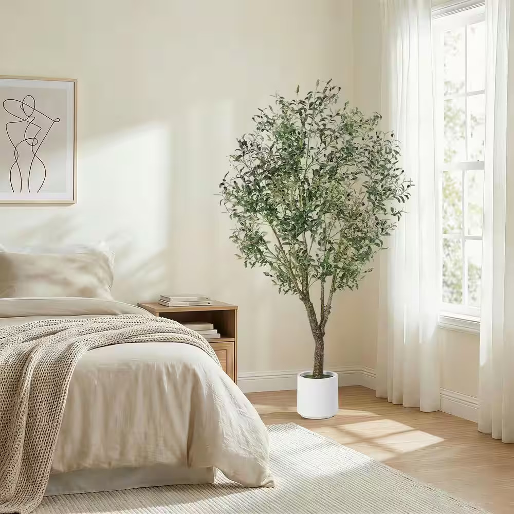 7 Ft. Artificial Olive Tree with Realistic Trunk, Faux Leaves and Fruits, White
