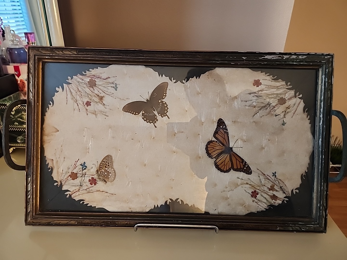 Vintage Butterfly Style Art Glass Tray W/ Stand