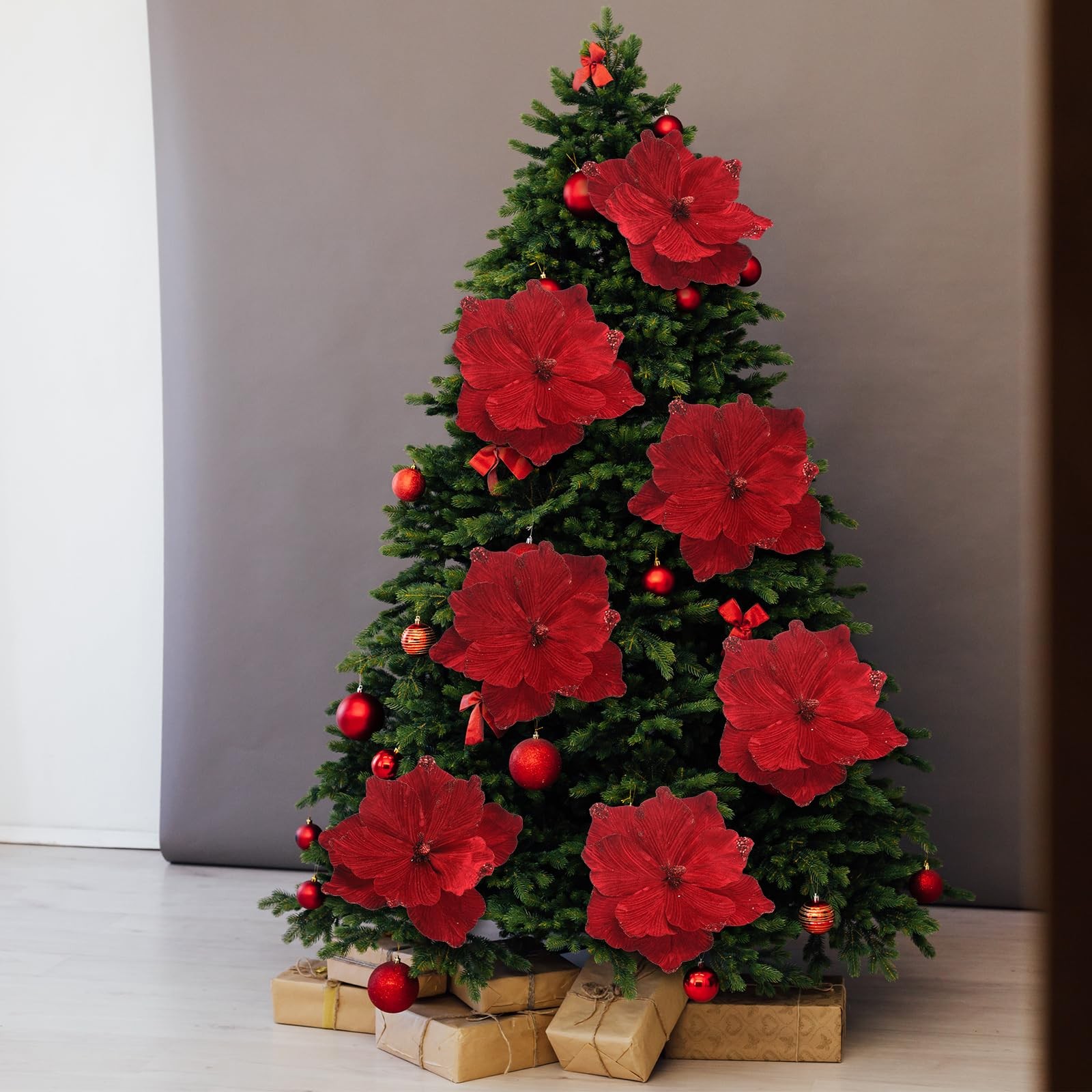 6 PCS Large 16 Inch Christmas Flower Velvet Magnolia Artificial Burgundy