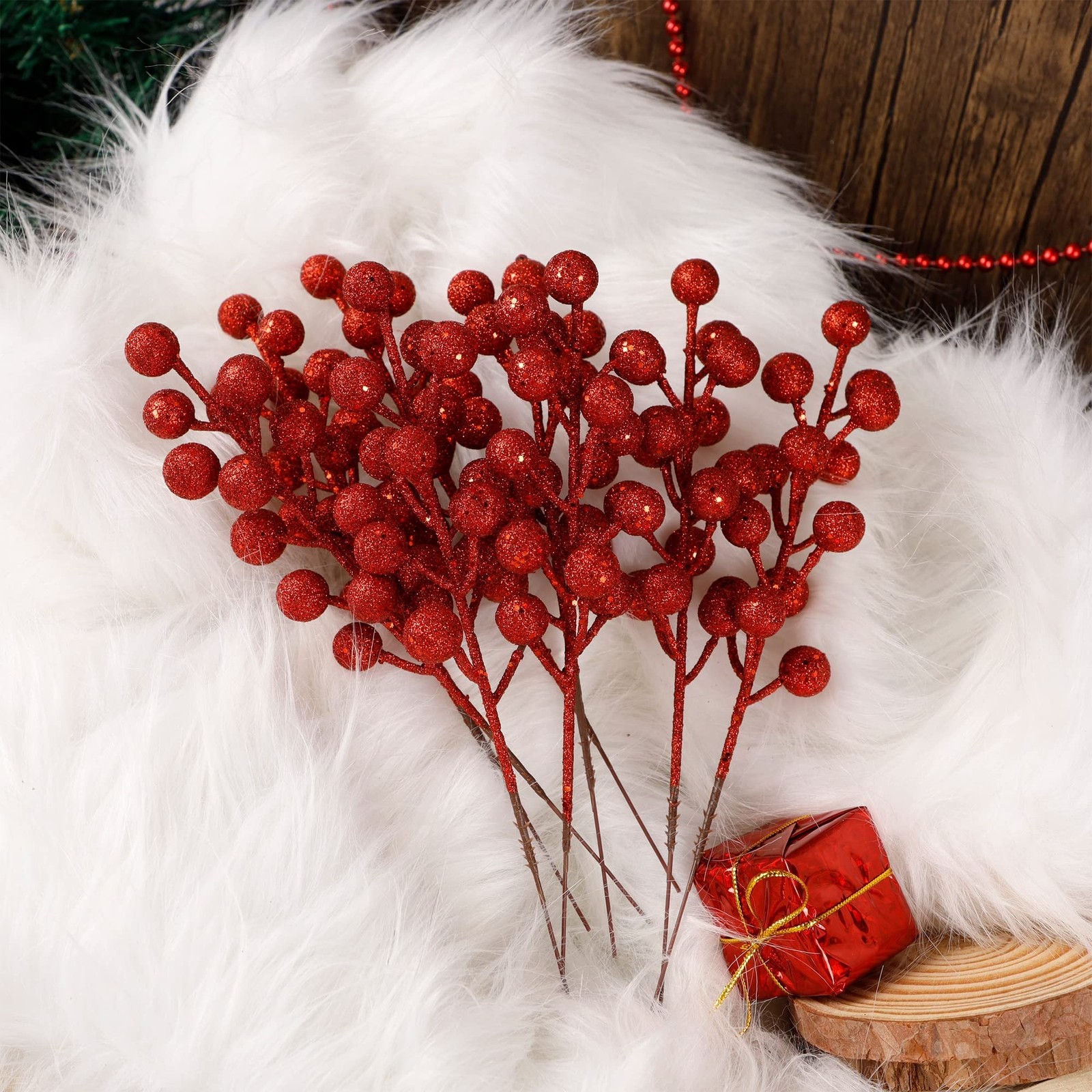 24 Pack 8 Inch Christmas Glitter Faux Winter Berry Sprigs, Artificial Sparkin…