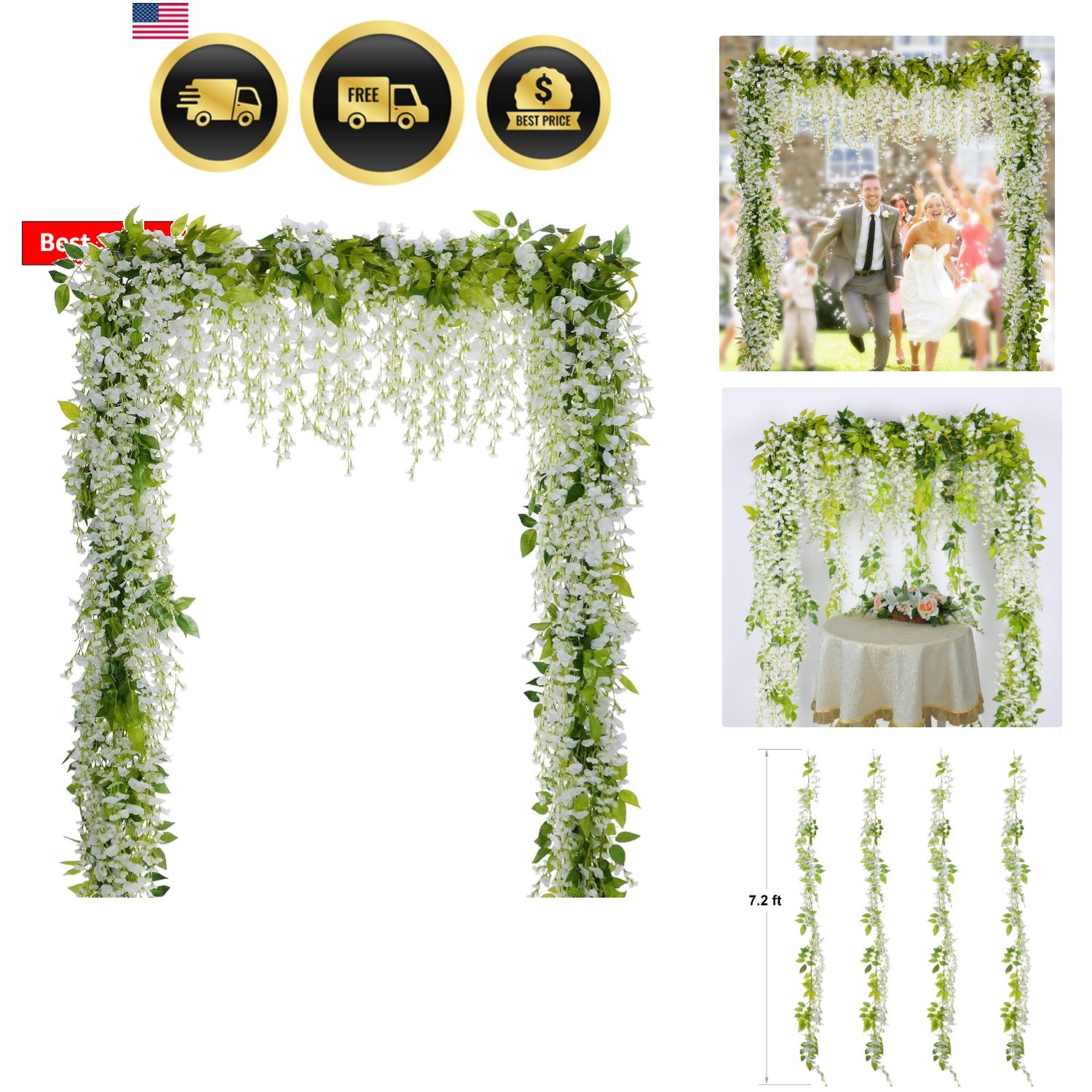 Wisteria Artificial Flowers Garland, 4Pcs Total 28.8ft White Artificial Wiste…