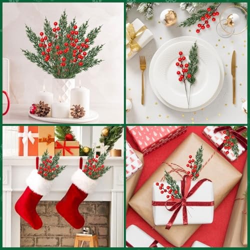 Christmas Artificial Pine Branches Pcs Faux Norfolk Pine Stems with Red 60