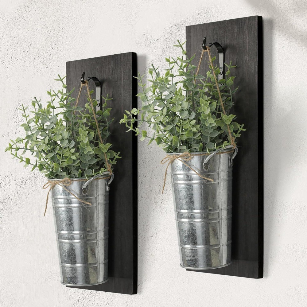Set of 2 Wood Hanging Planters with Artificial Eucalyptus, Wall Decor