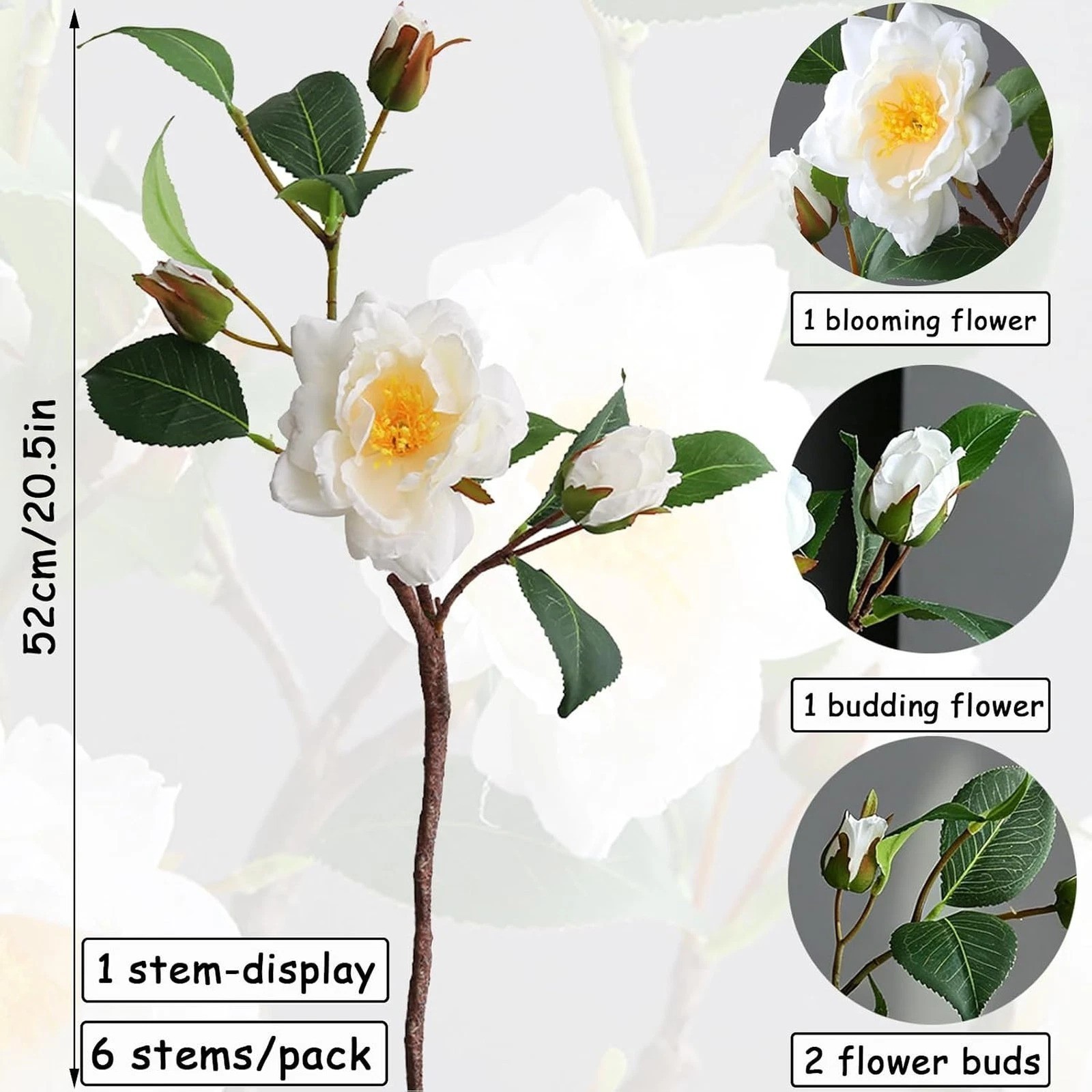 Artificial Camellia Flower Stems for Vase Decoration Faux Silk White Indoor