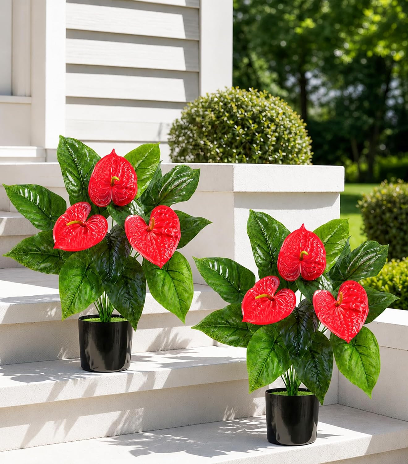 2 Pack Anthurium Artificial Flowers Plants with Pots for Indoor Outdoor Decorati