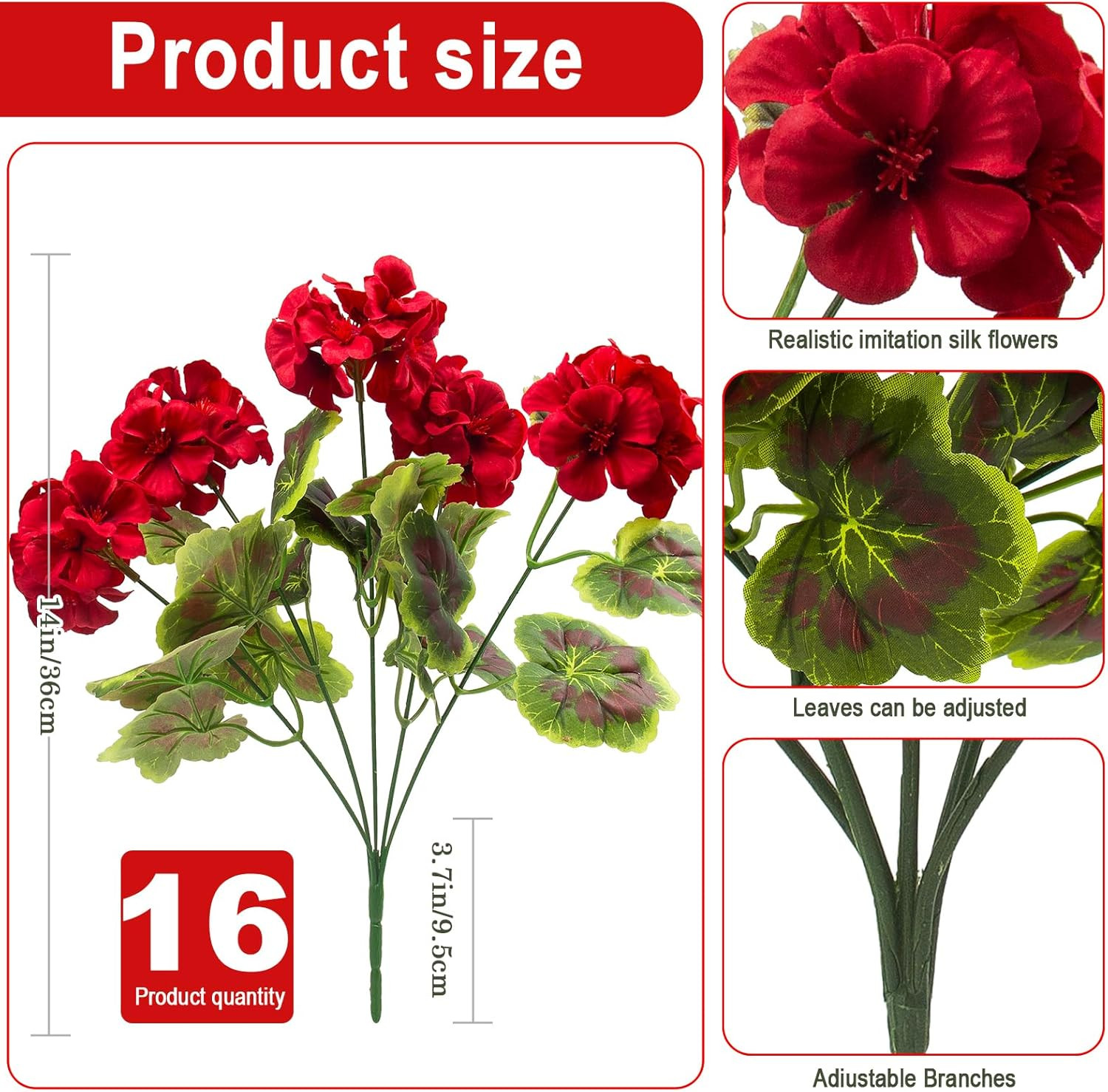 16 Pcs Artificial Geranium Plant Realistic Silk Flowers for outside UV Resistant