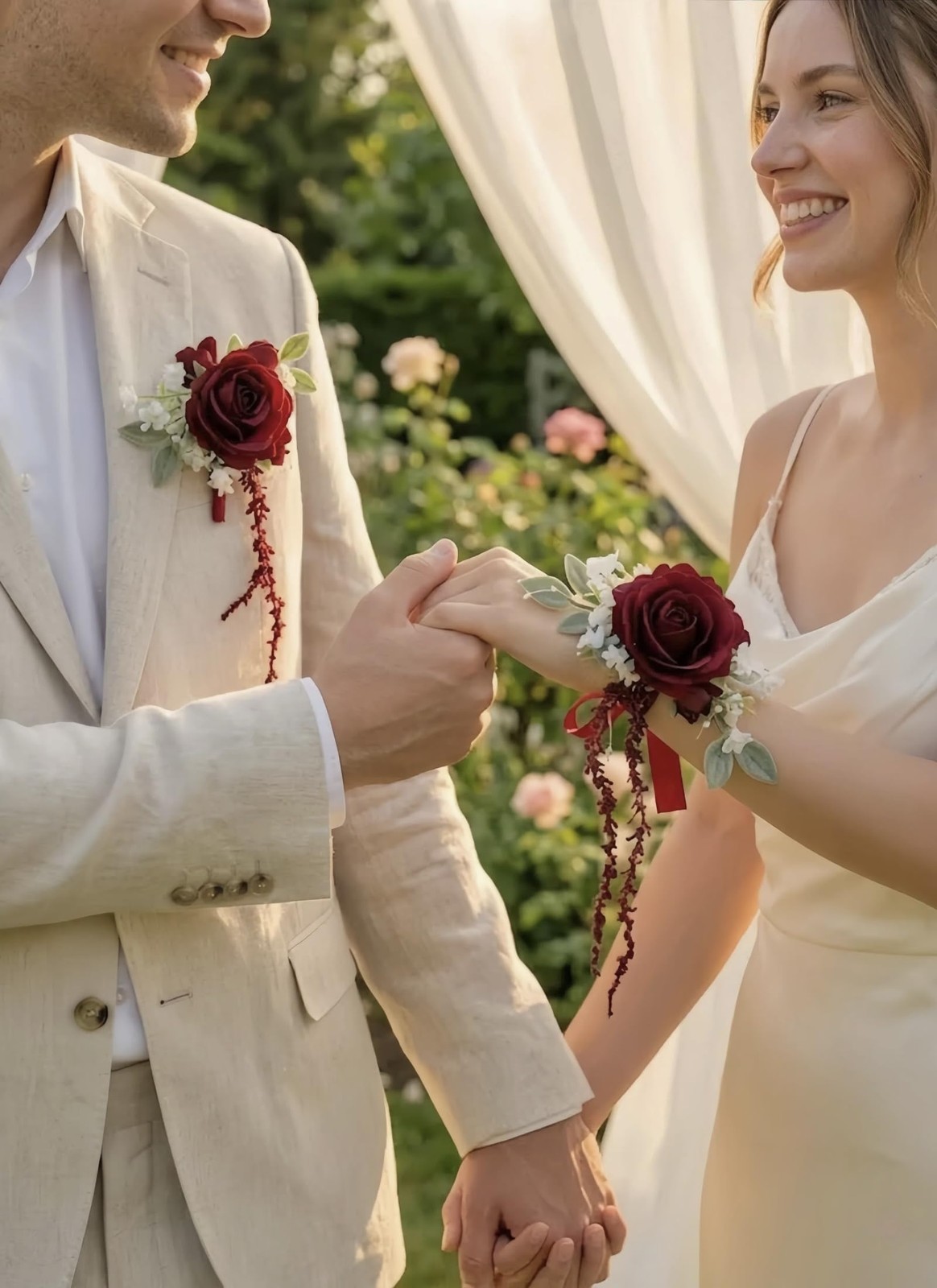 Red Rose Wrist Corsage And Boutonniere Set Men Women Wedding Prom Party Prop