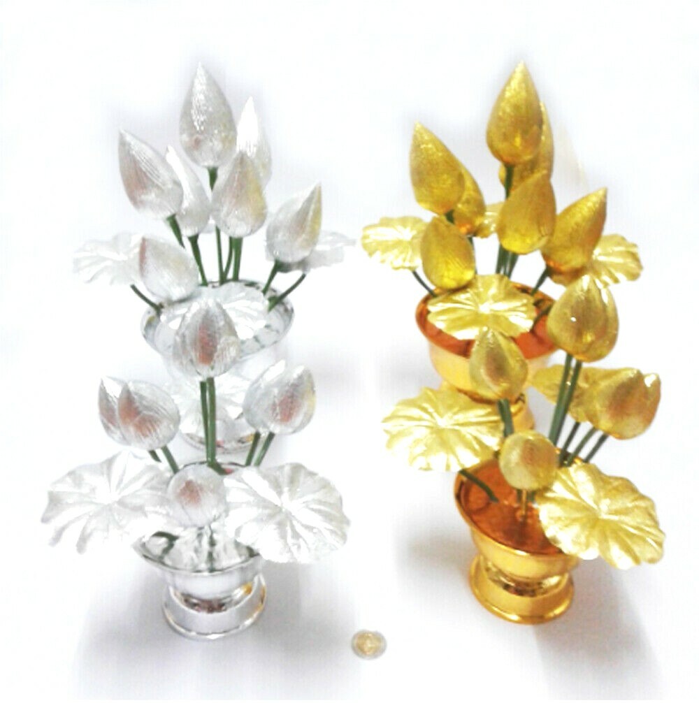 Thai Buddha Worship Phan Dhog Silver&Gold Lotus Offering Pedestal Small 2Pcs DHL