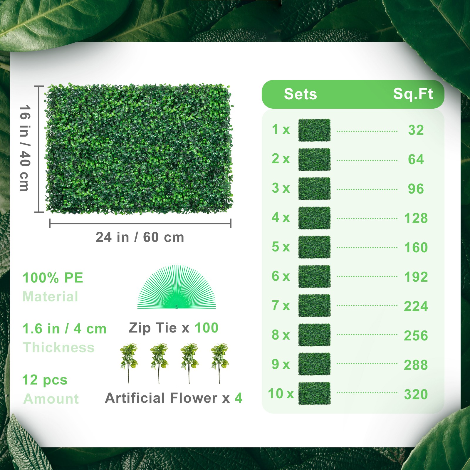 12pcs 24″x16″ Artificial Boxwood Mat Wall Hedge Decor Privacy Fence Panel Grass
