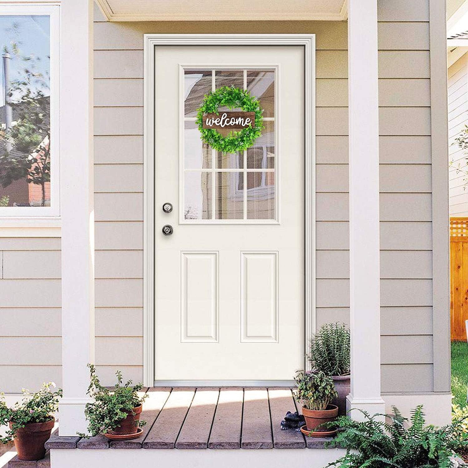 Lvydec Artificial Boxwood Wreath – 15″ Welcome Wreath with Wooden Welcome Sign