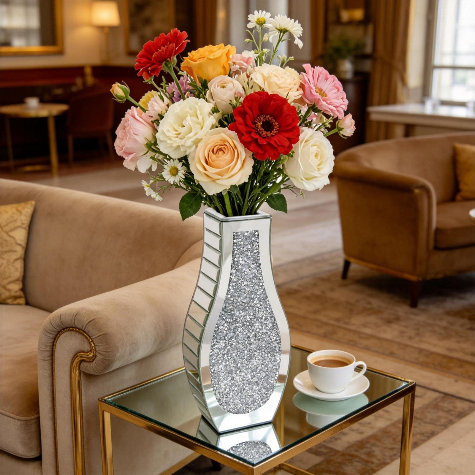 Crushed Diamond Mirrored Flower Vase Decorative Crystal Silver Glass Table Vase