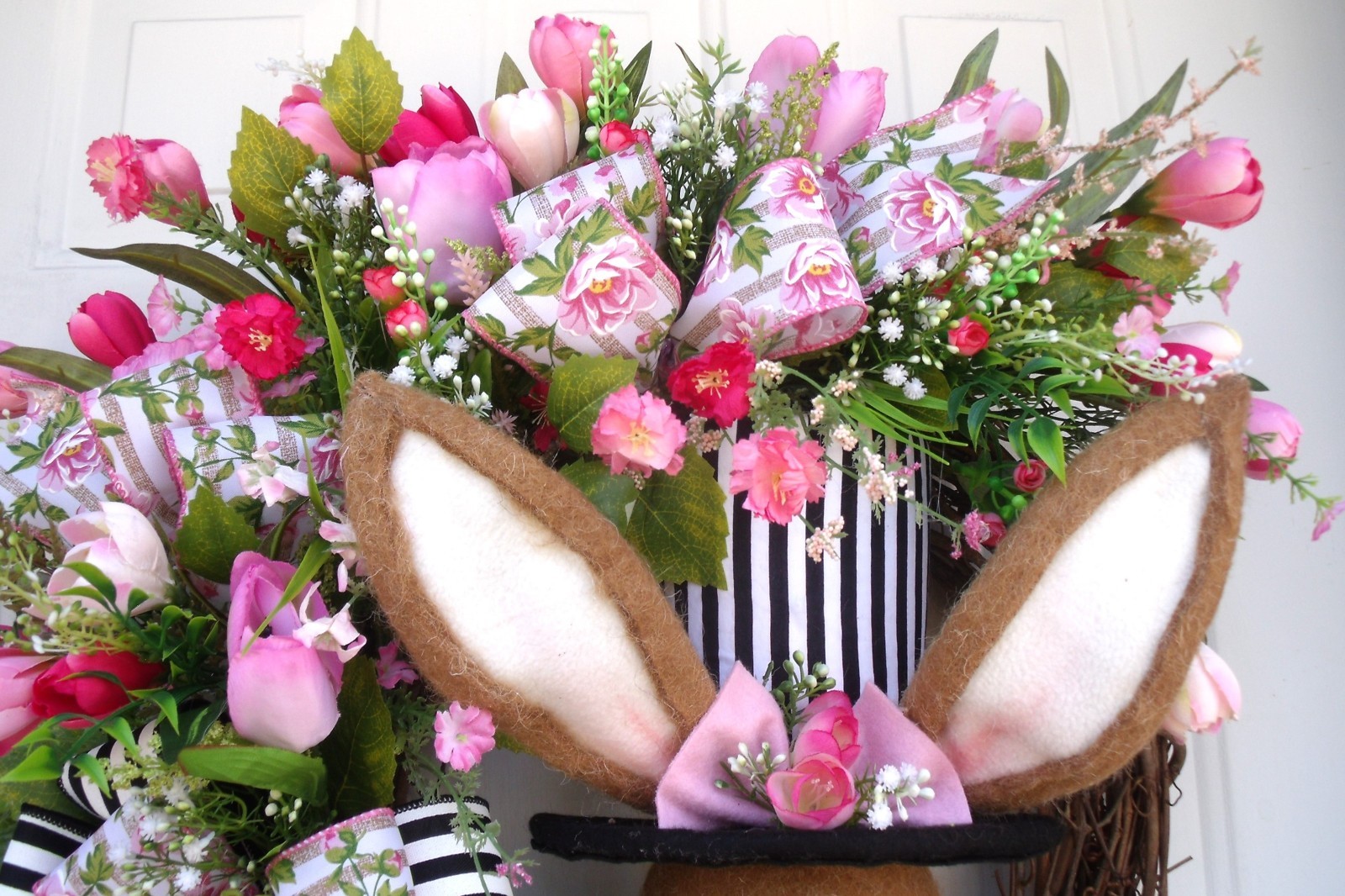 Spring Easter Bunny Wreath, Door Decor Pinks/Black/Whites