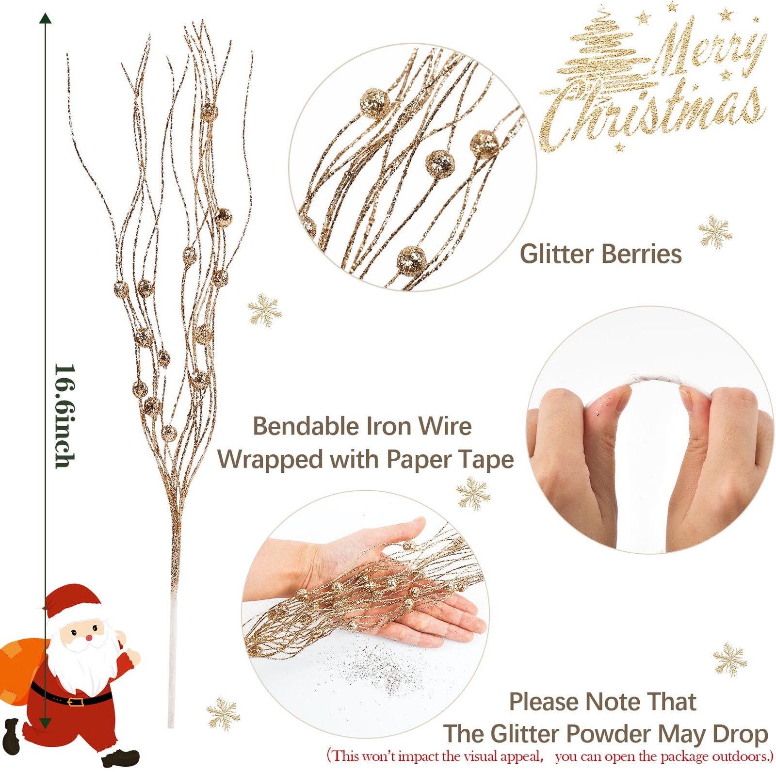 Artificial Glitter Berry Stem Ornaments, 10 Pack Decorative Bead Sticks, Chri…