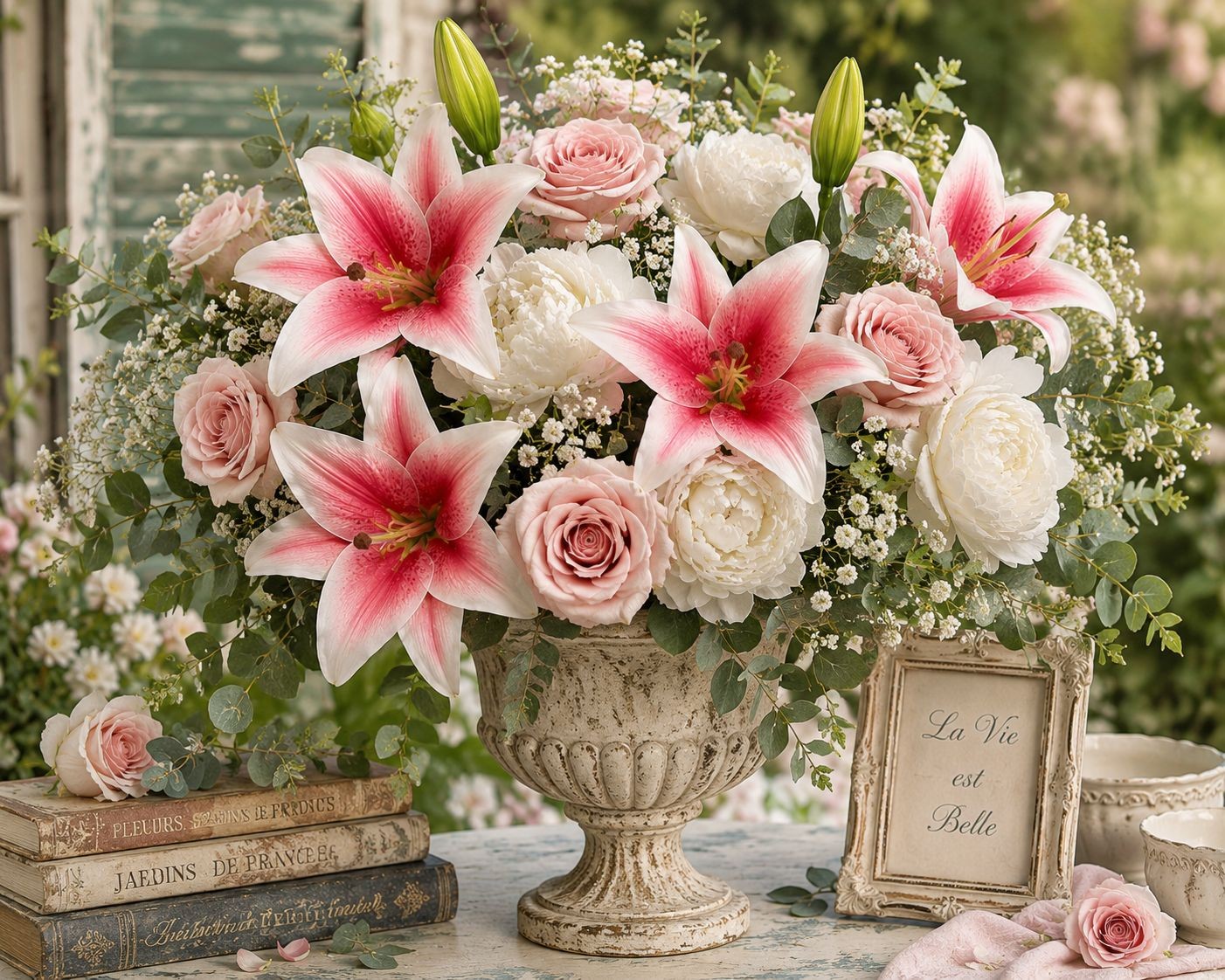 Real Touch Pink White Lily Stems Set of 2, Artificial Lily Flowers, Faux Floral