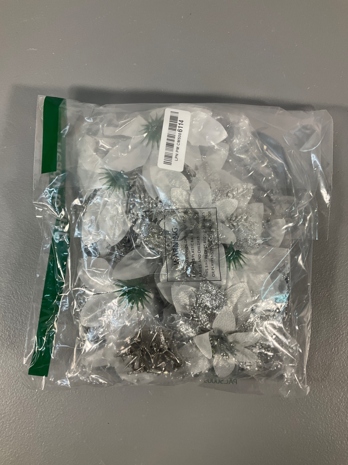 15 Silver Glitter Poinsettia Clips with Stems – Christmas Tree Decorations and D