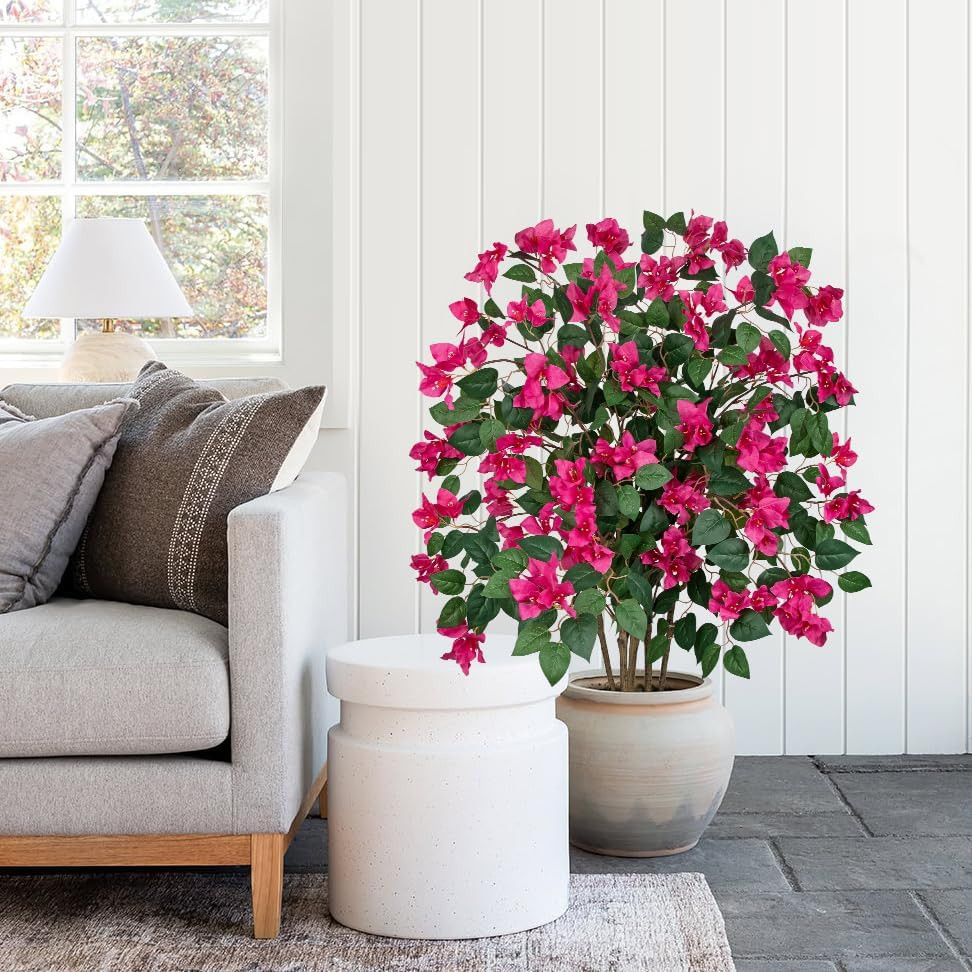 35.4In Artificial Bougainvillea Floral Tree in White Pot, Hot Pink Large Silk Fl