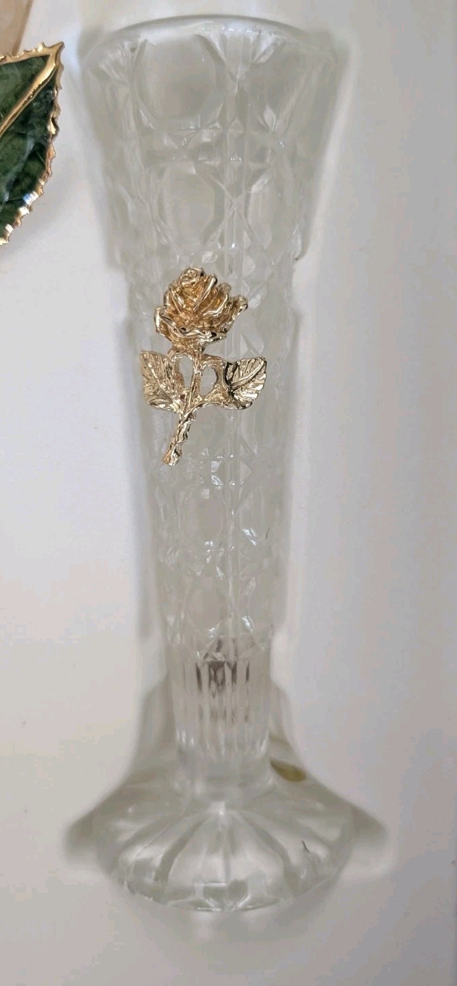 24K Gold Dipped Real Rose Emerald May Birthstone Living Gold in Box W/Vase 11″