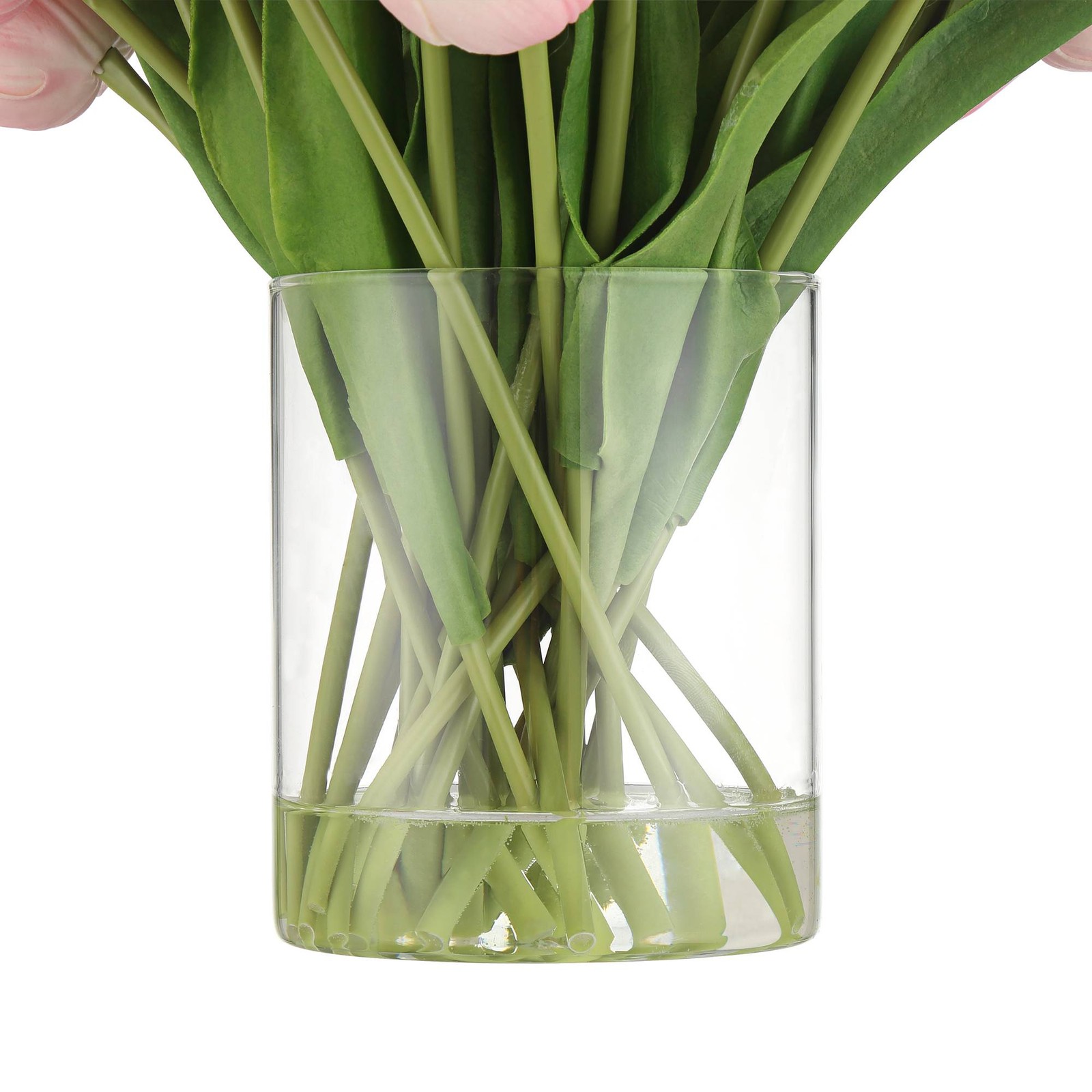 Emmie Pink Tulips 12″ High Faux Flower in Clear Glass Vase