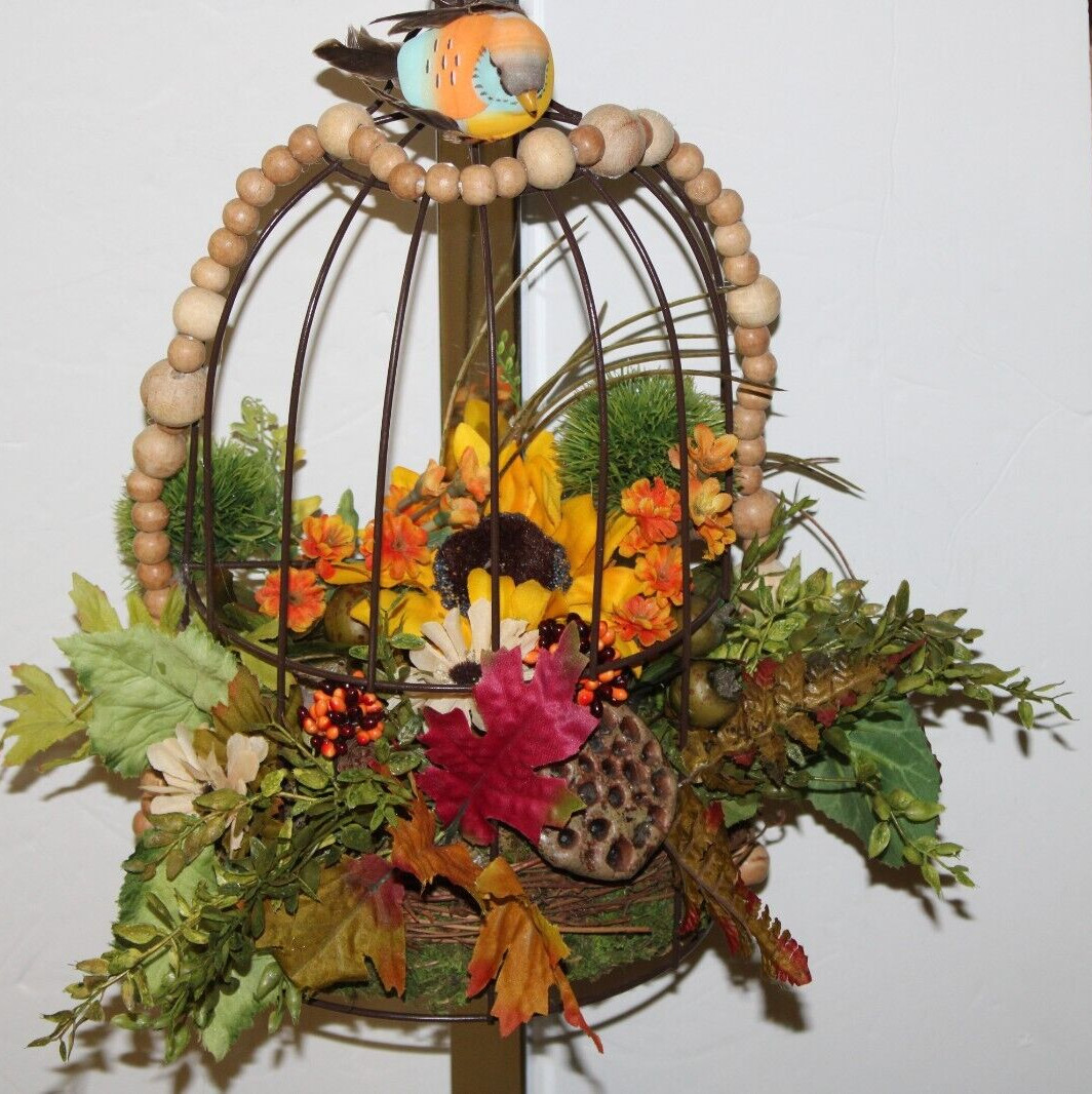 FALL AUTUMN FLOWER ARRANGEMENT BIRD CAGE CENTERPIECE 15”