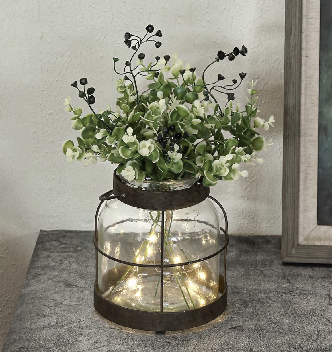 Artificial Eucalyptus Arrangement with LED Lights in Glass Jar, 11.81″