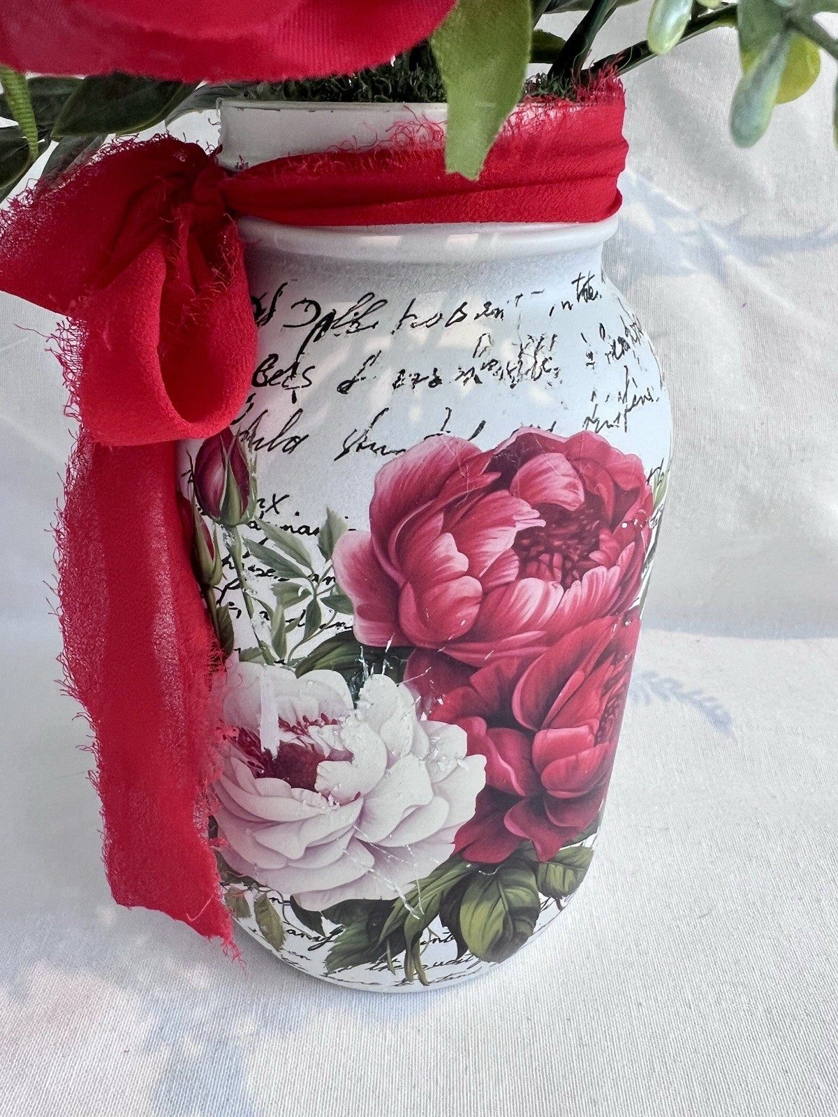 Red And Pink Roses Silk floral Arrangement in A Mason Jar Vase Home Decor